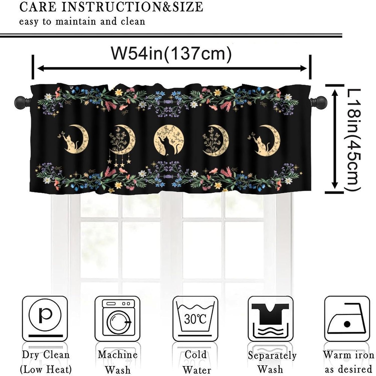 Floral Moon Valance Curtains, Wildflower Floral Plant Botanical Mystic Witchy Gothic Black Cat Moon Phase Retro Mysterious Window Treatments Drapes for Bedroom Living Room Kitchen 54x18inch