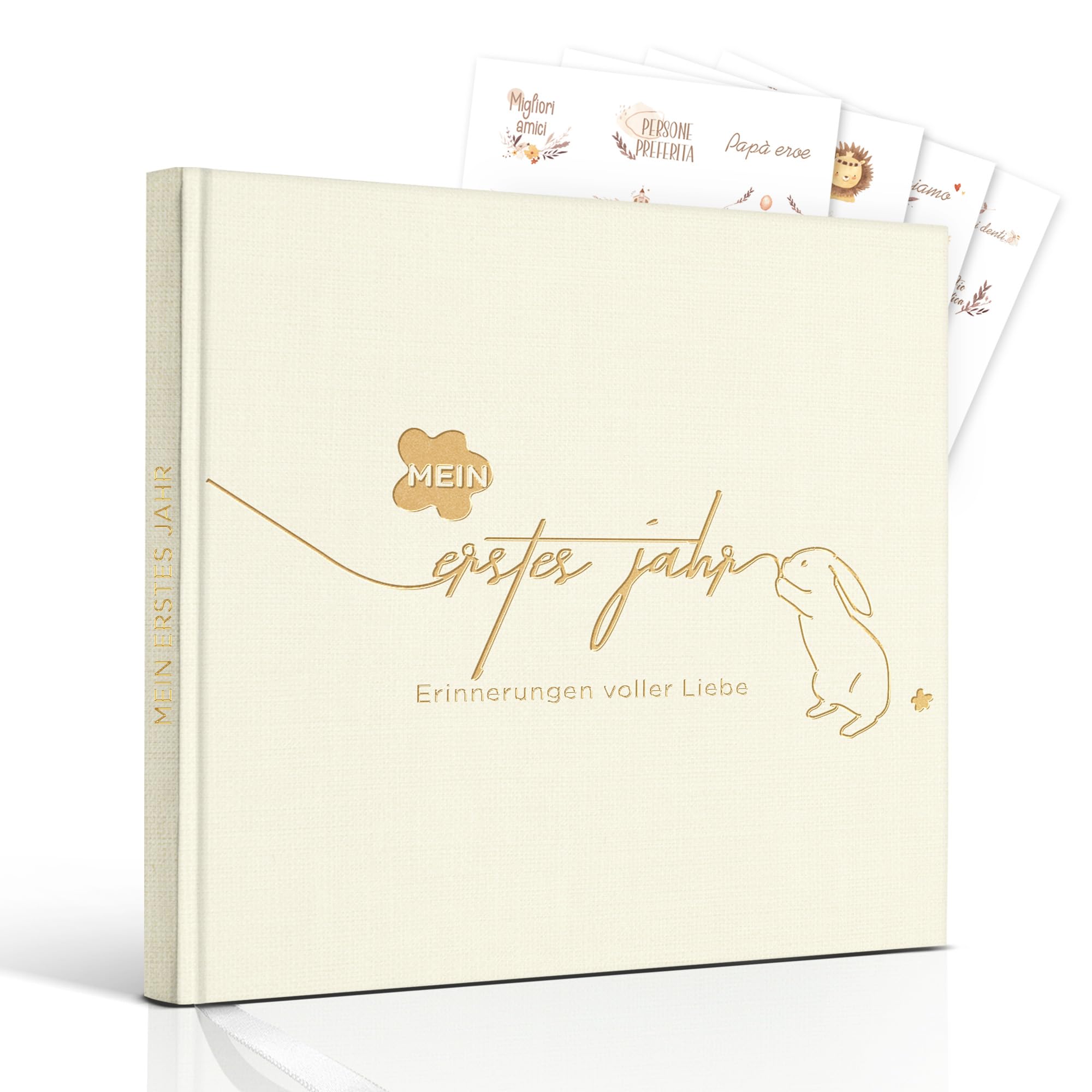 Hyggartn Mein Erstes Jahr Babyalbum mit 129 Stickern Personalisierte Geschenke Baby Geschenk Geburt Junge & Mädchen Fotoalbum Baby Erinnerung Babytagebuch 21x21 cm (Niedliches Häschen)