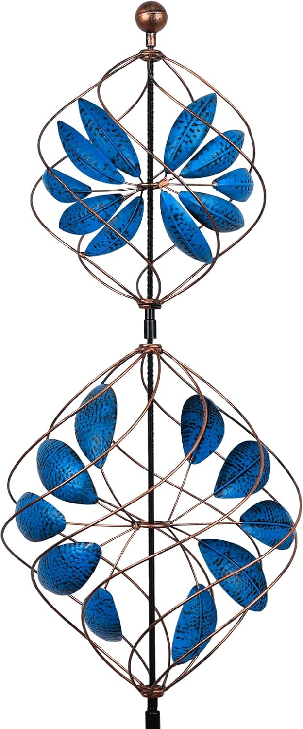 hogardeck Large Wind Spinner Outdoor, 85" Metal Kinetic Wind Spinner with Heavy-Duty Stakes, 360° Rotating Double-Layer Retro Yard Art for Home Outside Garden Lawn Backyard Patio Decor (Blue, Bronze)