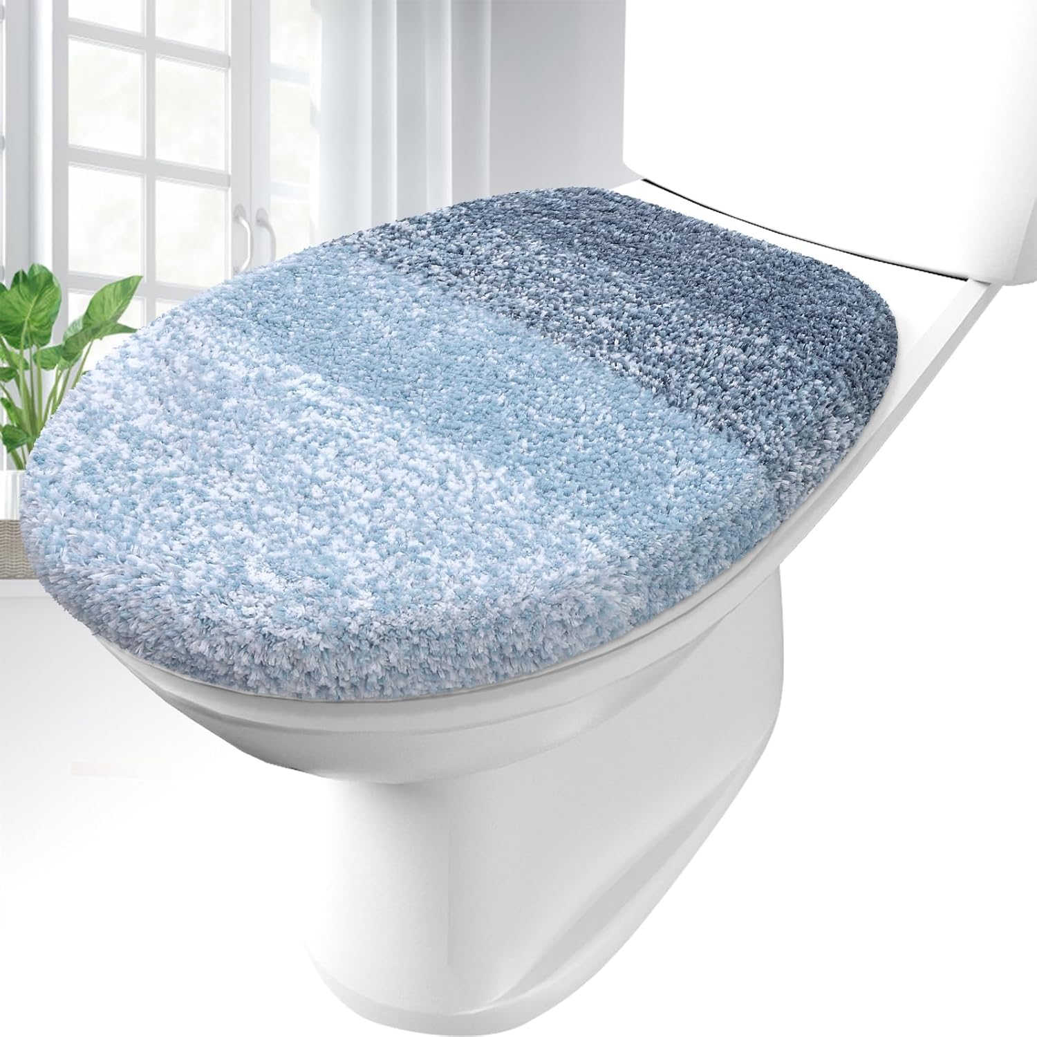 OLANLY Ombre Bathroom Rugs Sets 3 Piece and Toilet Lid Cover, Bathroom Rug Set Size 30x20+24x16+24x20 and Toilet Lid Cover Size 17.5x15 in Blue, 4 Item Bundle