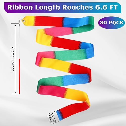 Miniatura 2 de Sratte 30 cintas de baile arcoíris de 78.74 pulgadas de largo, varitas de gimnasia rítmica, serpentinas de baile coloridas para fiesta de arcoíris,