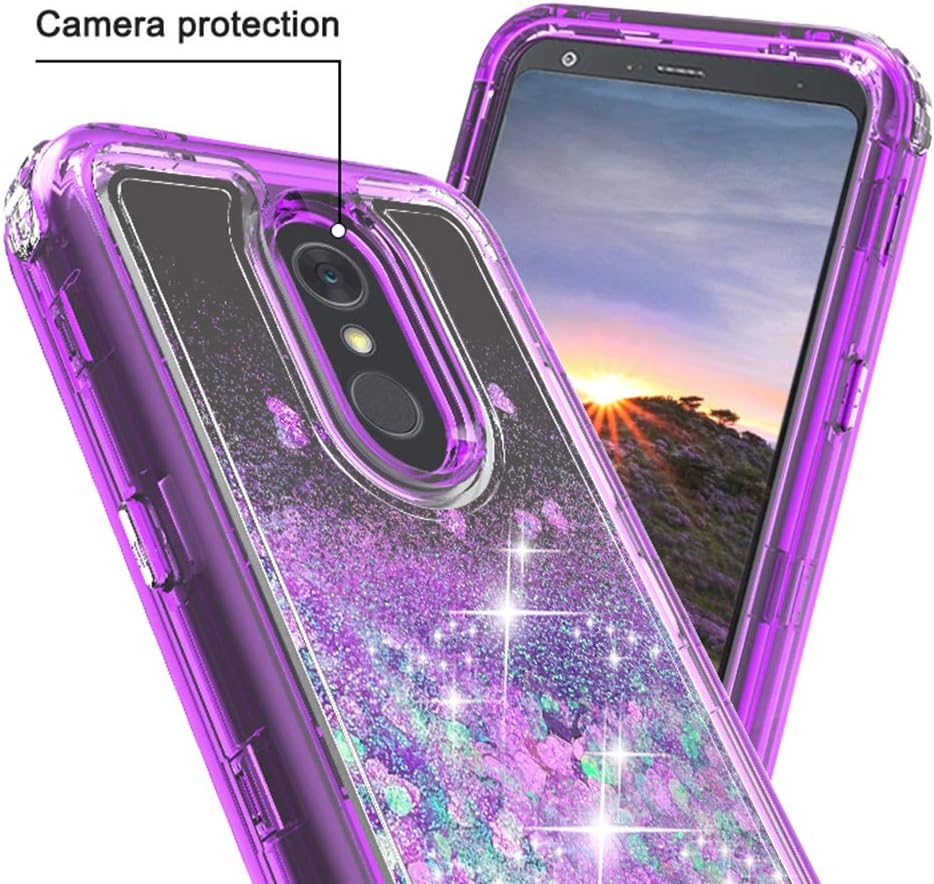 IDEA LINE LG Stylo 5 Case with Tempered Glass Screen Protector, Liquid Quicksand Floating Shiny Sparkle Flowing Diamond Crystal Case - Purple