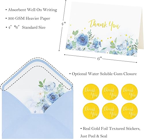 Miniatura 2 de Crisky Tarjetas de agradecimiento, 4 surtidos, flores pintadas en acuarela (50 tarjetas con sobres para cumpleaños, baby shower, despedida de