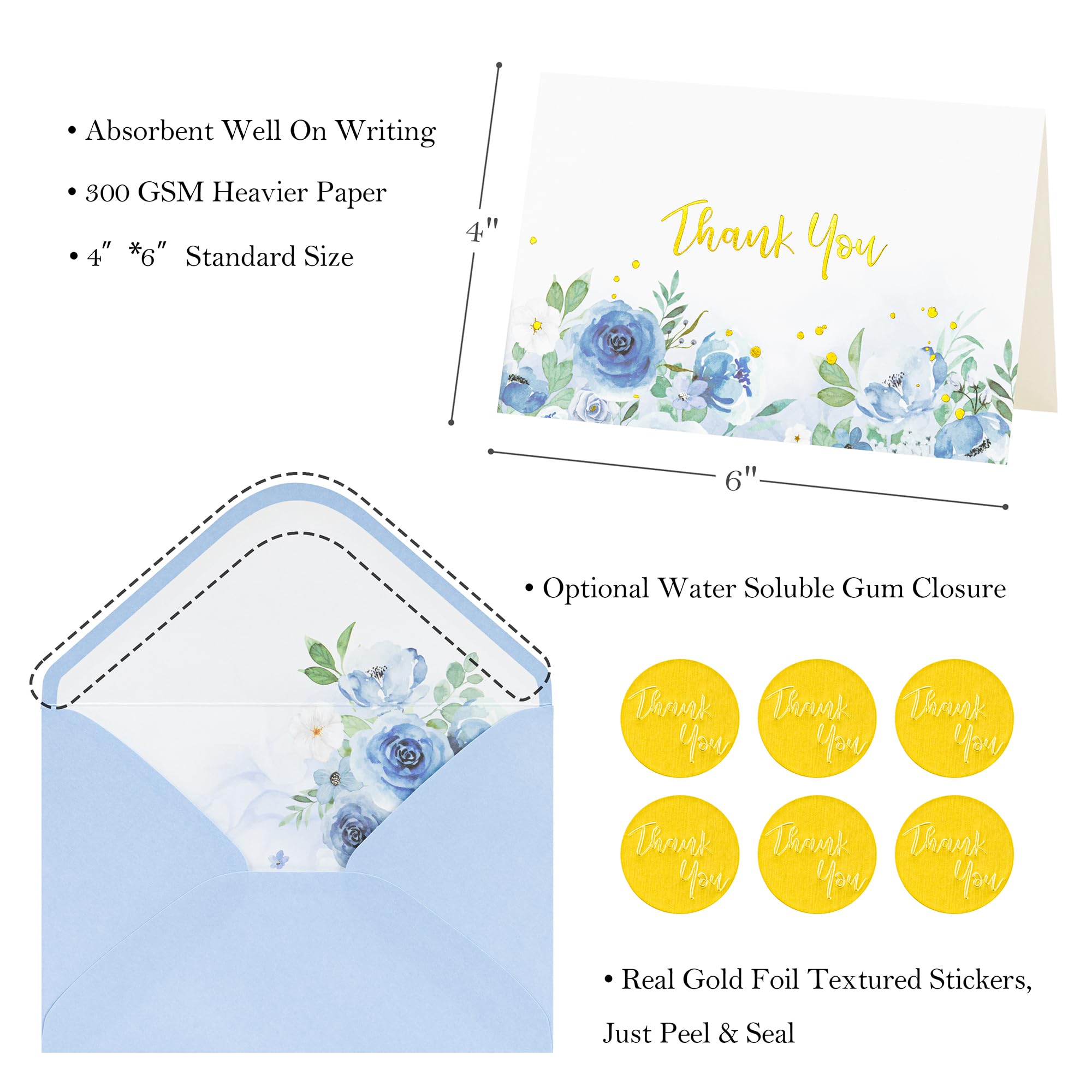 Crisky Tarjetas de agradecimiento, 4 surtidos, flores pintadas en acuarela (50 tarjetas con sobres para cumpleaños, baby shower, despedida de soltera, boda, todas las ocasiones)