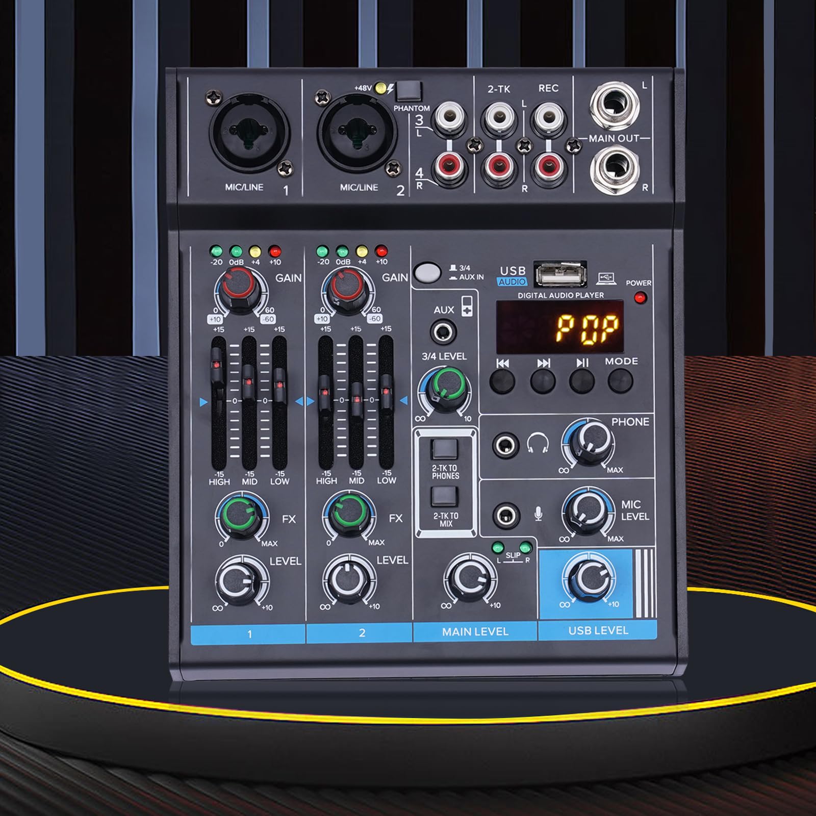 4-Kanal Audiomischer Analog Mixer Audio USB Live Studio Mischpult Bluetooth für Live Performance KTV Home Stage