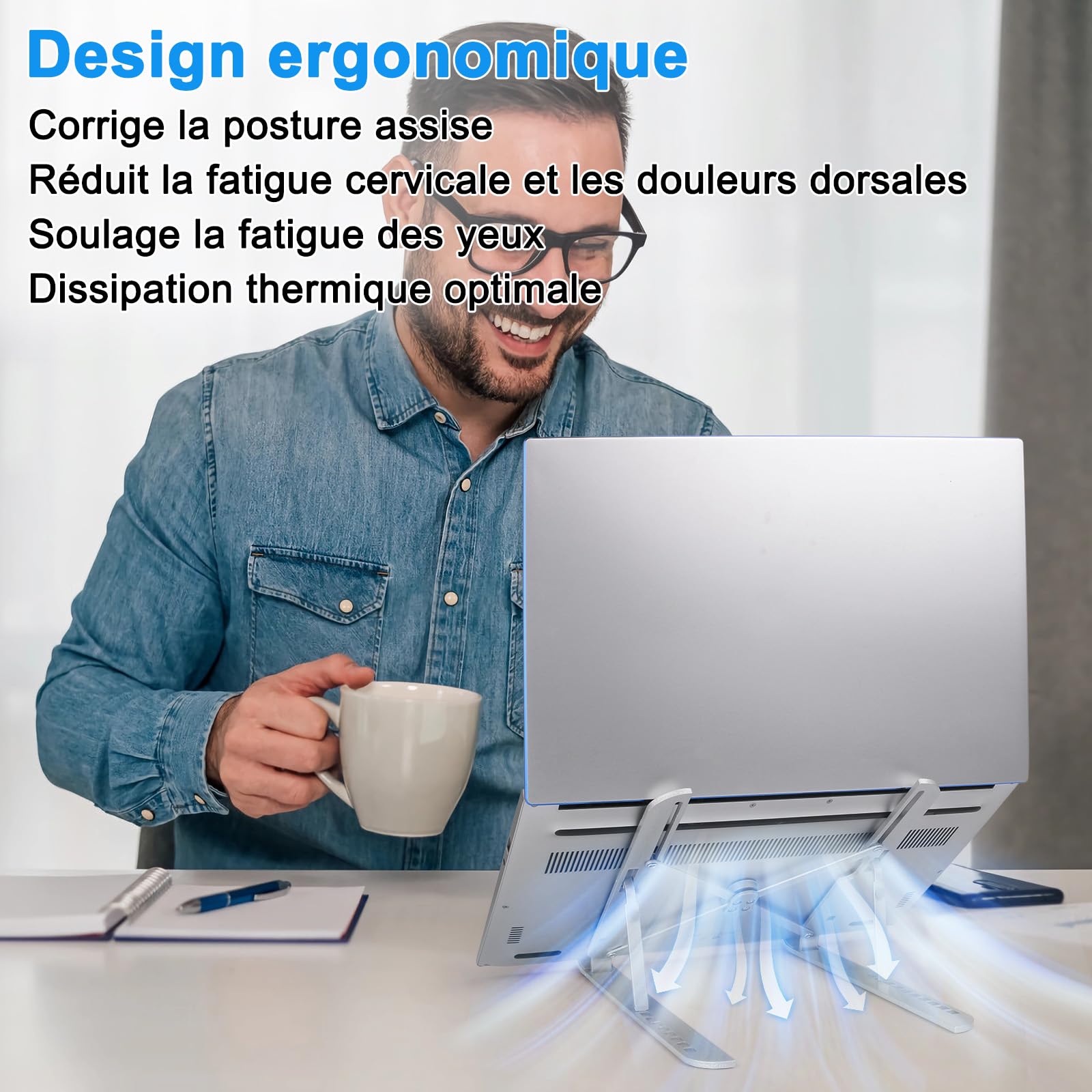 Support Ordinateur Portable 10 Niveaux Réglables, Rehausseur Pliable pour Bureau, Laptop Stand Silicone Antidérapant PC