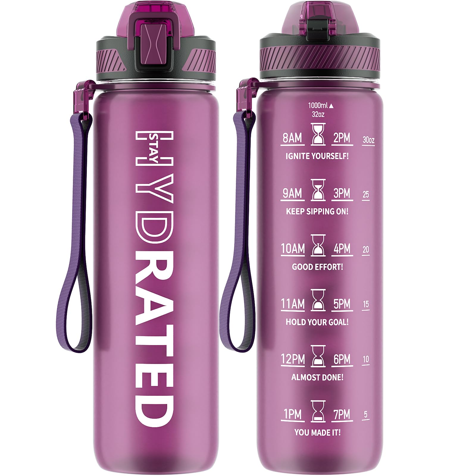 QLUR Water Bottle with Straw, 32oz Motivational Water Bottles with Time Marker to Drink, Tritan BPA Free, 1L Sports Water Bottle with Carry Strap