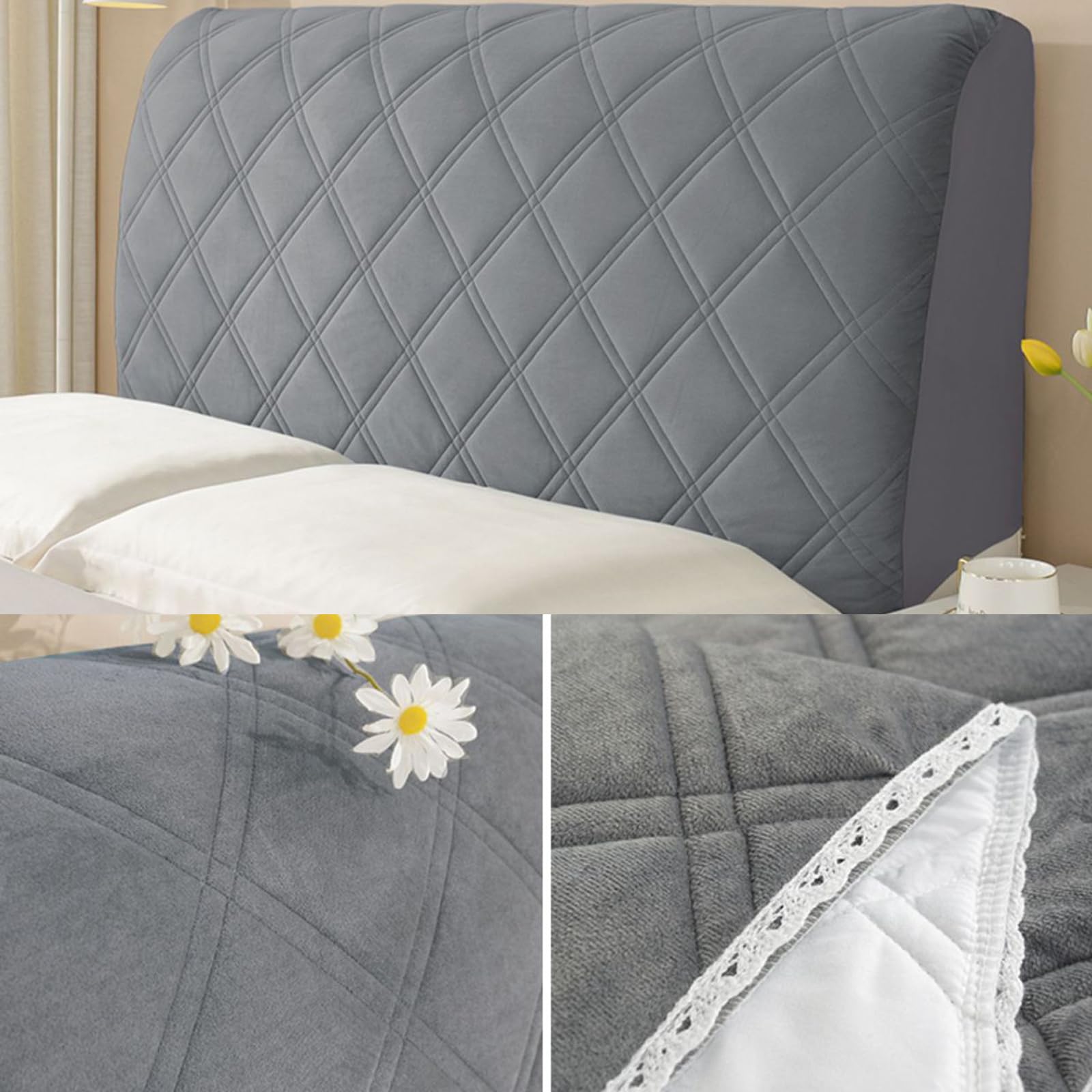Paquete de 2 fundas elásticas de terciopelo corto para cabecero de cama, gruesas, lavables, a prueba de polvo, tapizadas, para camas individuales, King y dobles, color gris, 160 cm