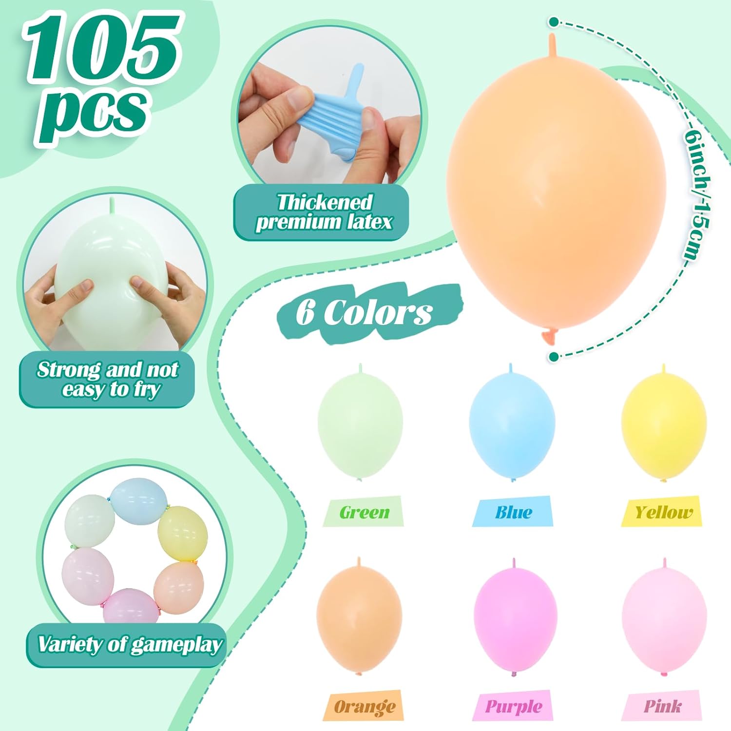 Linking Balloons 105pcs 6 Inch Pastel Rainbow Quick Link Balloons Arch Garland Kit for Wedding Christmas Wall Backdrop Baby Shower Gender Raver Anniversary Bridal Birthday Party Carnival Decorations - Image 2