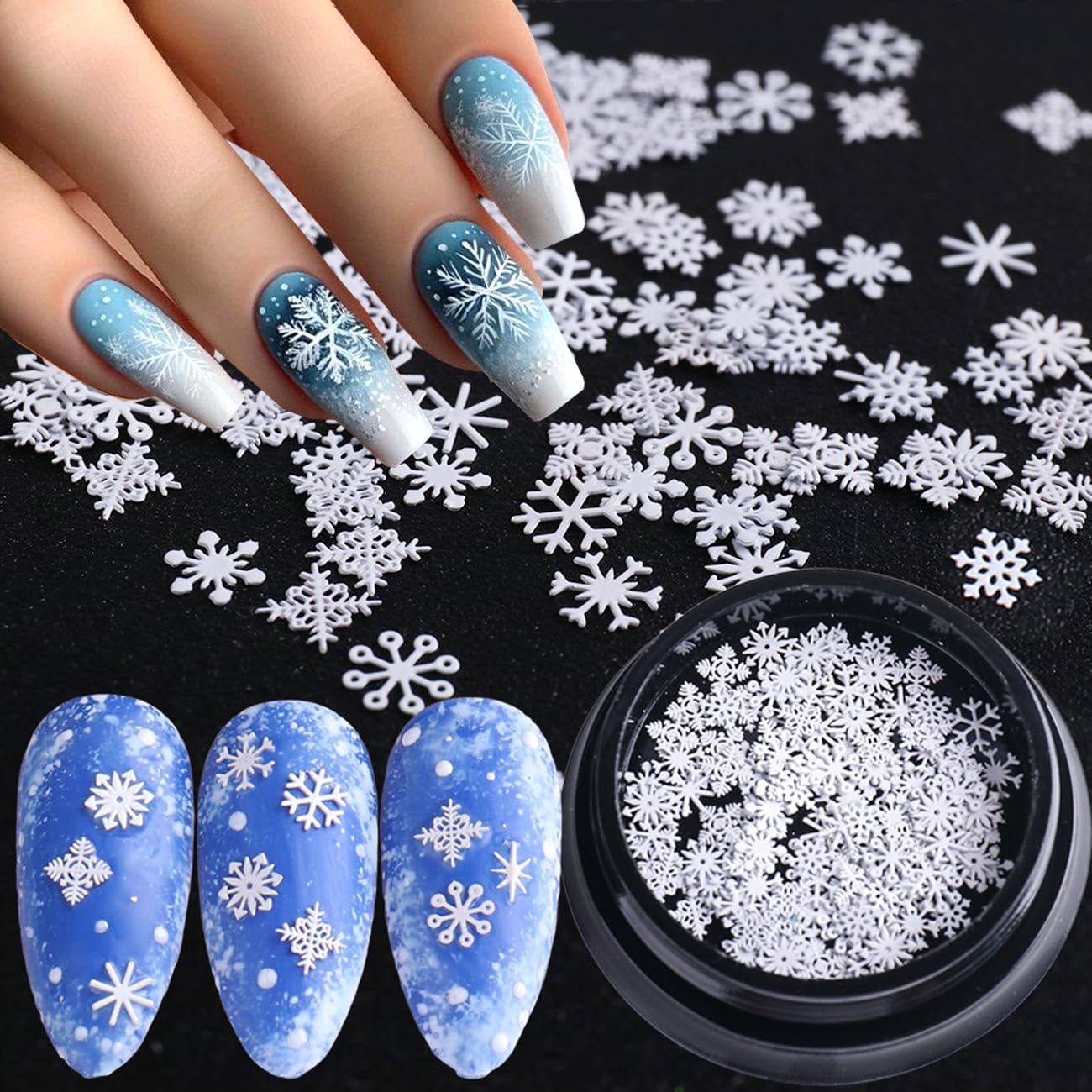 100Pcs Snowflake Christmas Nail Glitter Sequins, 3D White Snow Sparkly Flakes Nail Design Winter DIY Nail Decals Snowflakes Sequins for Nails Art