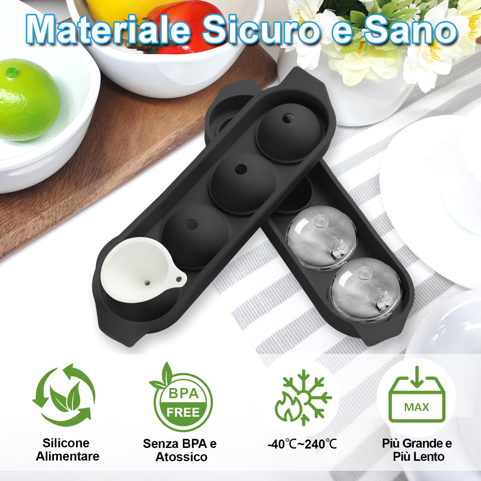 Ghiaccio Stampo Silicone, 4 Rotondo Cubetti Ghiaccio con Coperchio, 4.5cm Grandi Formine Cubi Ghiaccio Silicone Ice Cube Tray per Birra Cocktail Whisky Vino Puree di Frutta Gelati - Nero