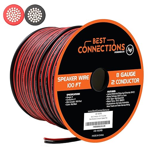 Cable de altavoz de calibre 8, rojonegro (100 pies) de audio para automóvil, cine en casa, subwoofer, cable trenzado, 2 conductores, tierra de