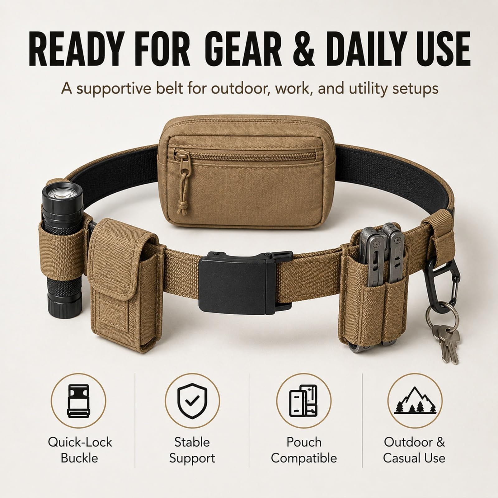 Ceinture Homme 3.8cm en Nylon Double Couche, Boucle Micro-Réglable, Sangle Rigide pour Travail et Sport
