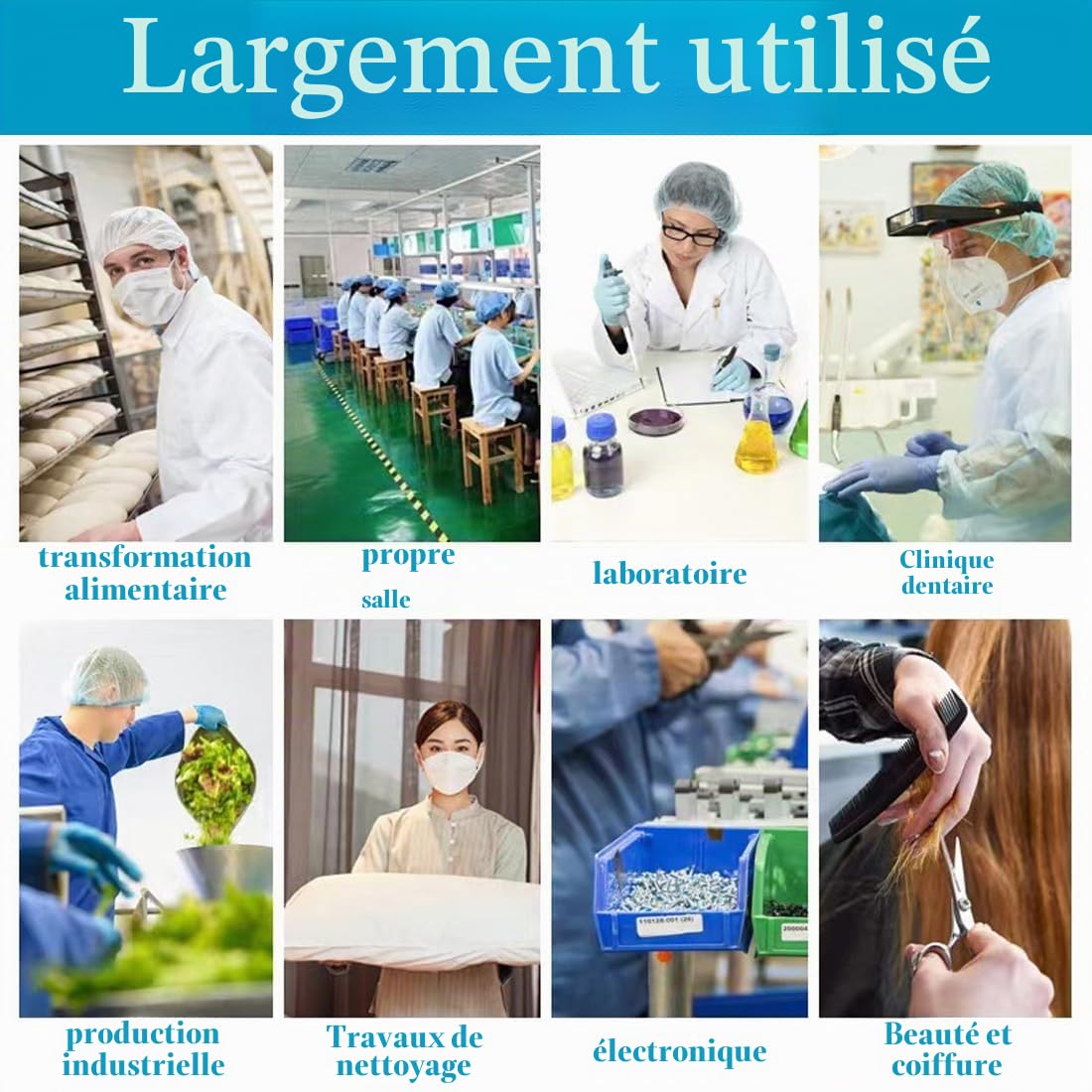 NHQZ 50 Charlottes Jetables Bleues Non-tissées Respirantes Bonnet à Usage Unique Sans Latex pour Cuisine Laboratoire Médical Industrie Visiteur Femme Homme