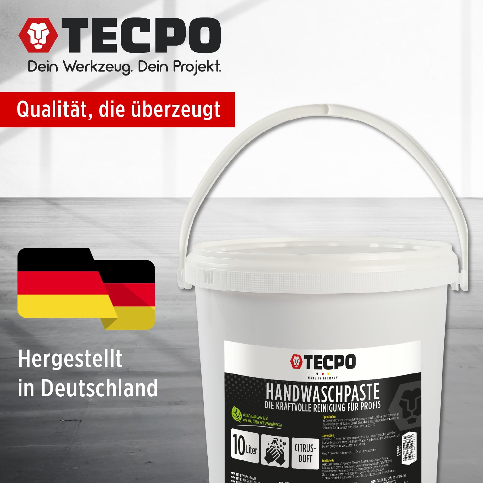 TECPO Pâte nettoyante pour les mains - 10 l - Douce pour la peau - Savon contre les saletés tenaces telles que l'huile, la graisse, la voiture et l'atelier