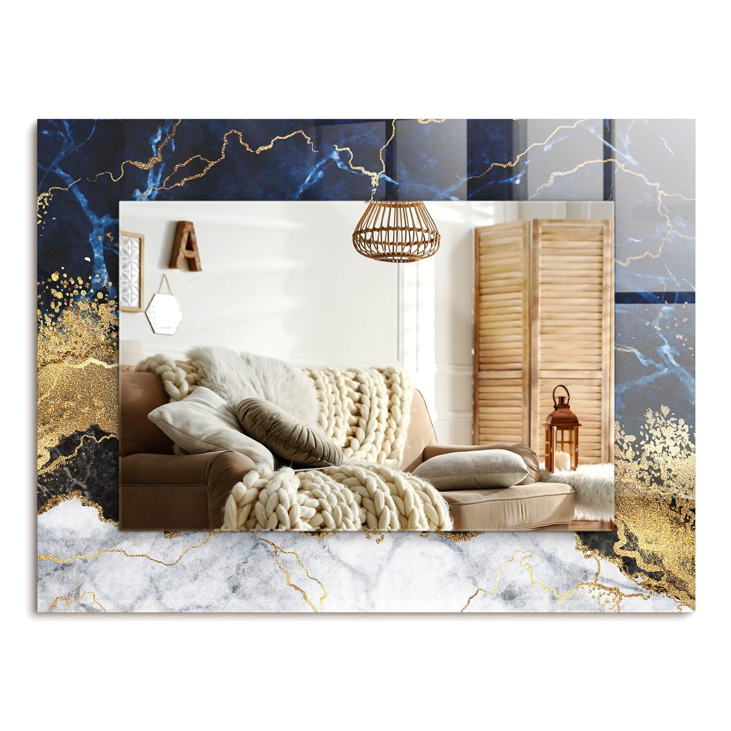 Miroir de salle de bain 80x60 cm style minimaliste chic effet marbre suspendu