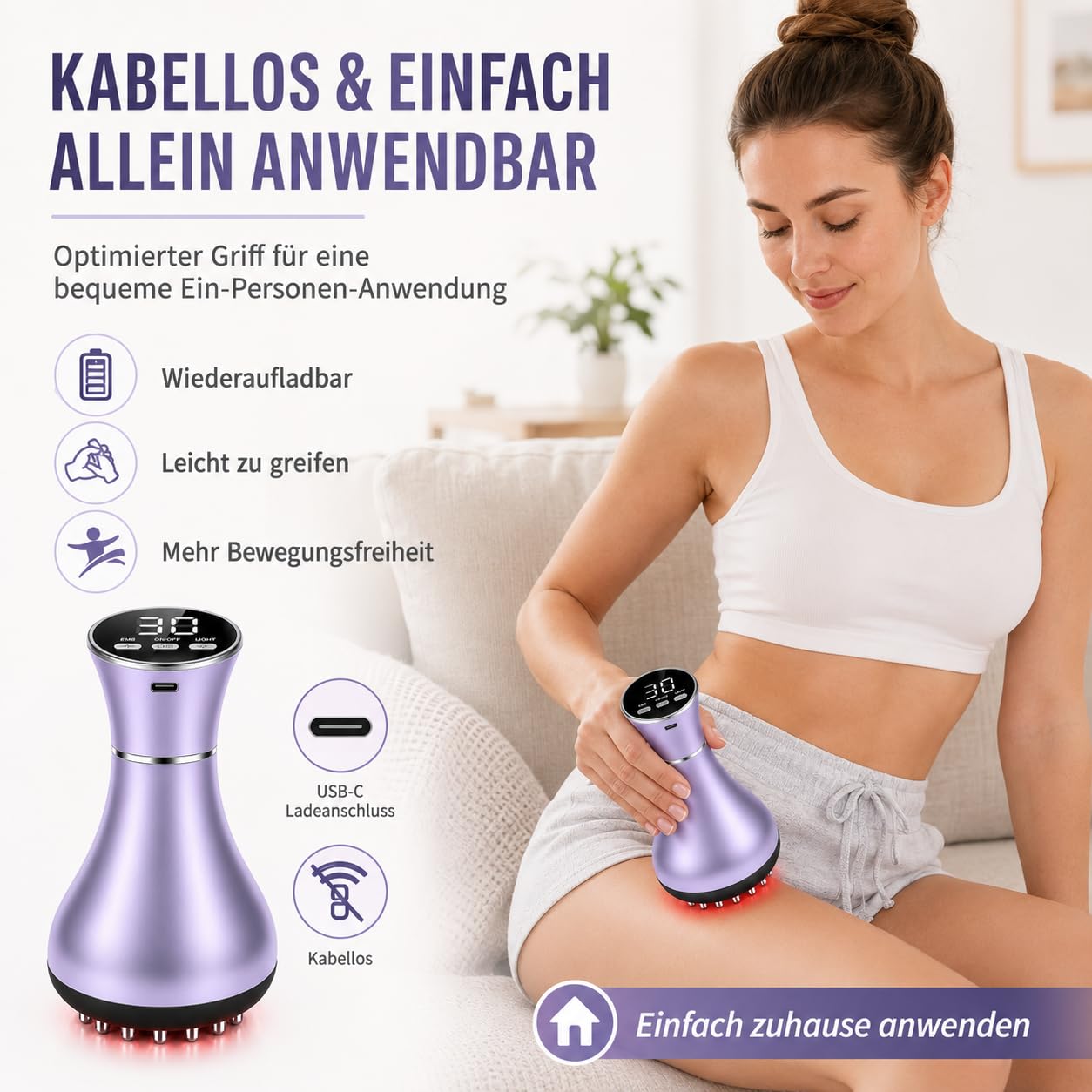 4-in-1 Lymphatic Massagegerät & Anti Cellulite Massagegerät Elektrisch mit 30 EMS-Stufen, Rotlicht, Wärme & Vibration, Handgehaltenes Cellulite Gerät für Bauch, Taille, Rücken, Arme & Beine
