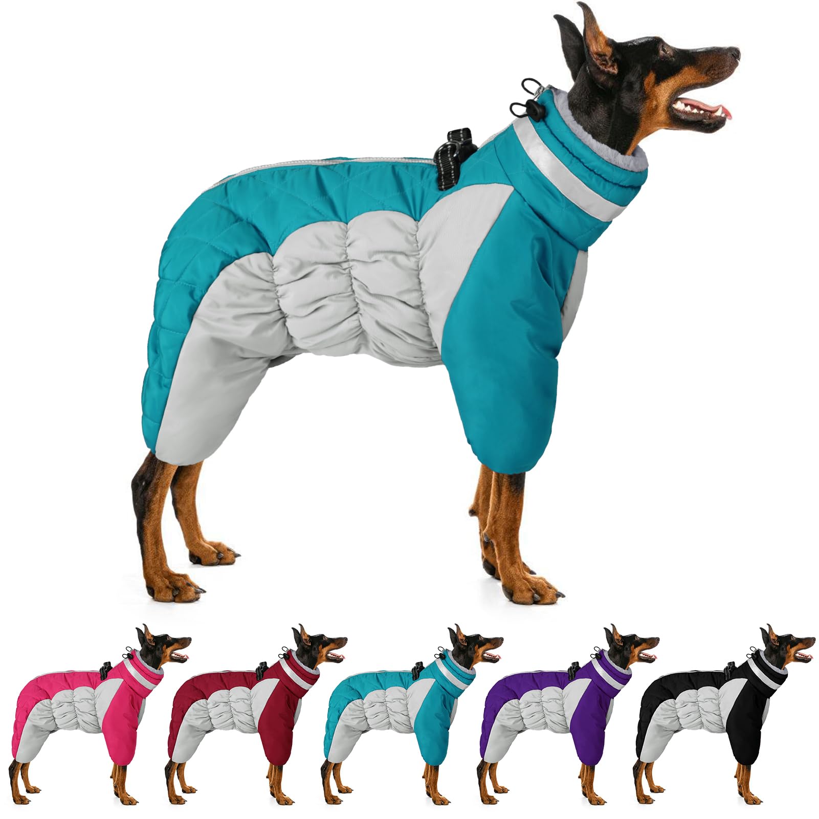 MIGOHI Full Body Dog Coat, Reflective Warm Dog Winter Coat with Harness, Turtleneck Fleece Dog Jacket for Small Medium Large Dogs, Four-Legged Windproof Waterproof Dog Snowsuit with Zipper