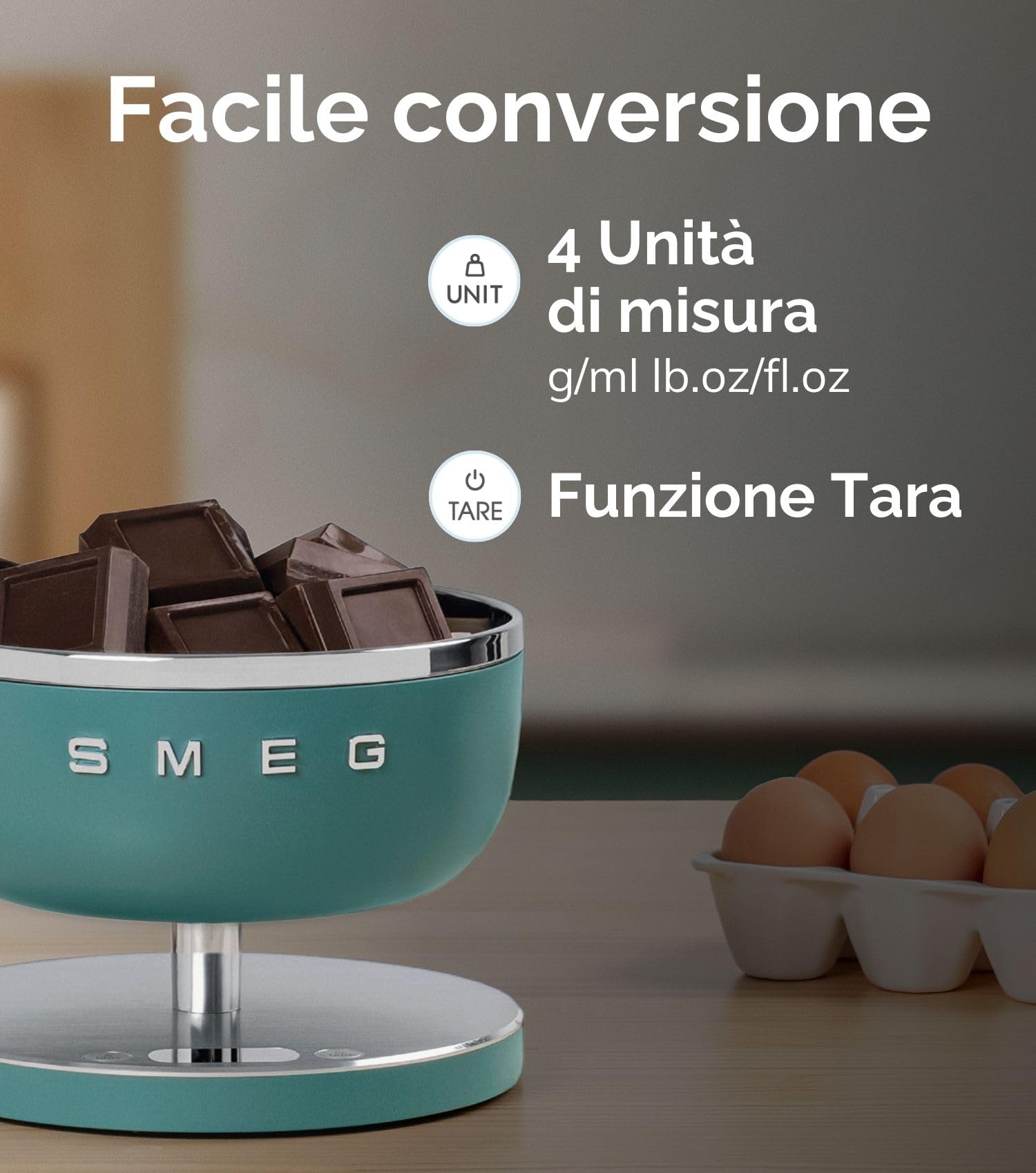 Smeg, Bilancia da Cucina Digitale KSC01BLMWW, Ciotola in Acciao Inox Removibile, Quattro Unità di Misura g/ml e lb.oz/fl.oz, con Funzione Tara, Portata Massima 5kg, Nero