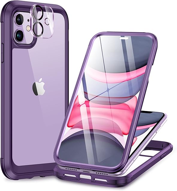 Miracase Glass Case for iPhone 11 6.1 inches, [Built-in Glass Screen Protector] Full Body Shockproof Rubber Bumper Clear Back Phone Case Cover Compatible with iPhone 11 (Purple)