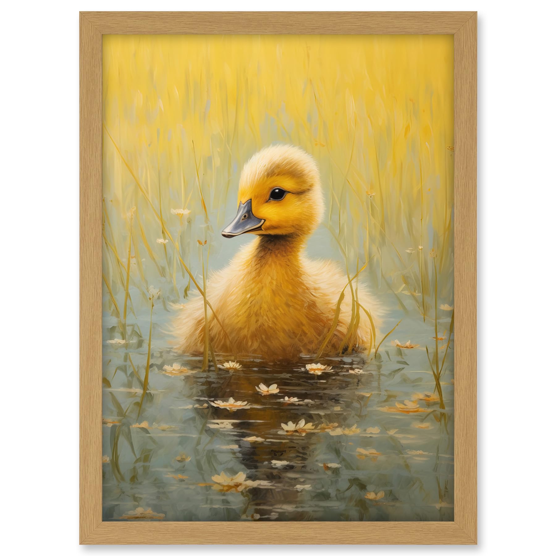 Artery8 Cute Yellow Ducking in Countryside Pond Oil Painting Kids Bedroom Baby Duck Bright Artwork Framed A3 Wall Art Print