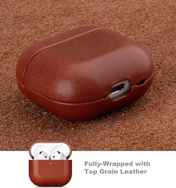 Haobobro [Custom Series] Custodia in pelle per AirPods 4 di quarta generazione - Cover AirPods 4 - Realizzata a mano in vera pelle - Protezione Full Body : Case Antiurto - Marrone - 4
