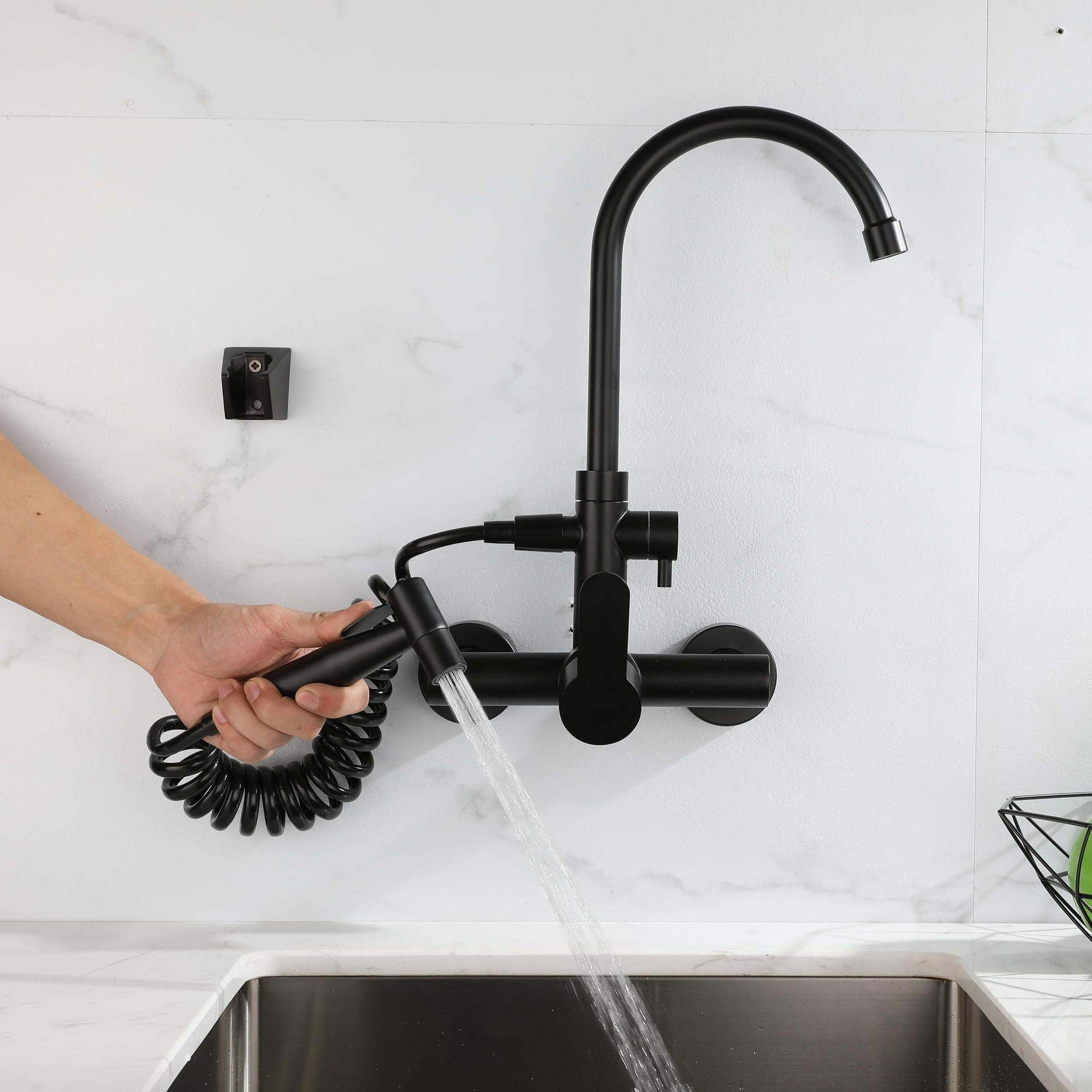 HomeLava Grifo Cocina Pared con Pistola, Grifo de Cocina Negro, Mezclador Cocina de Acero Inoxidable 304 con Caño Alto Giratorio de 360°, Grifo de Agua Fría y Caliente