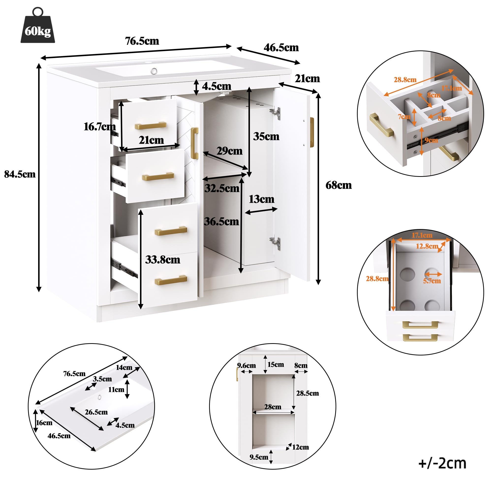 Mobile sottolavabo, 76,5 × 46,5 × 84,5 cm con 3 cassetti e ripiano laterale, armadio da bagno con molto spazio, cerniere e piscine in ceramica, colore: bianco