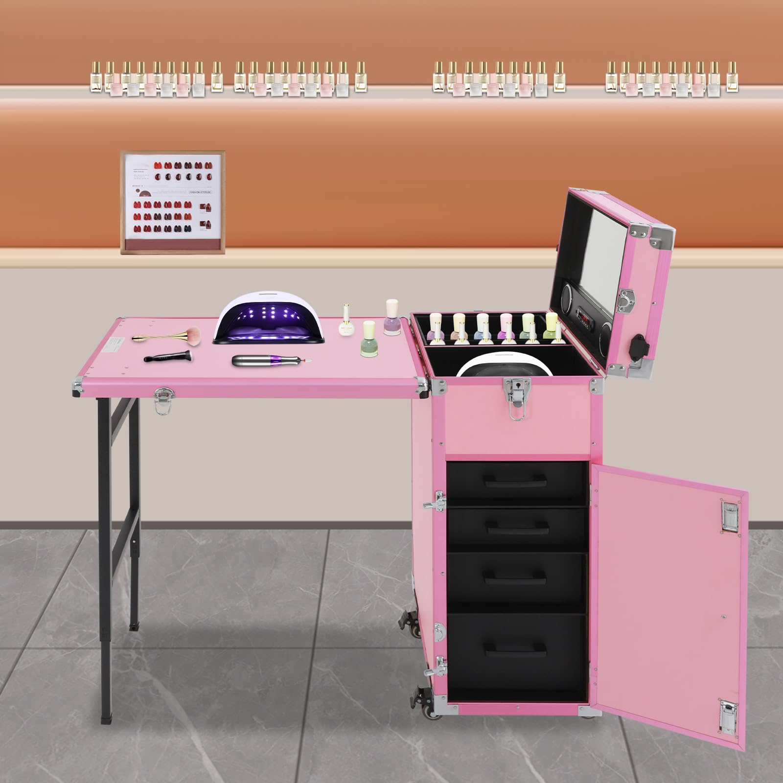 Rolling walizka na stół do manicure, kuferek na kosmetyki, walizka fryzjerska z 4 szufladami i 4 kółkami, dla fryzjera, miejsca pracy, składana, nośność 50 kg, z Bluetooth (różowa)