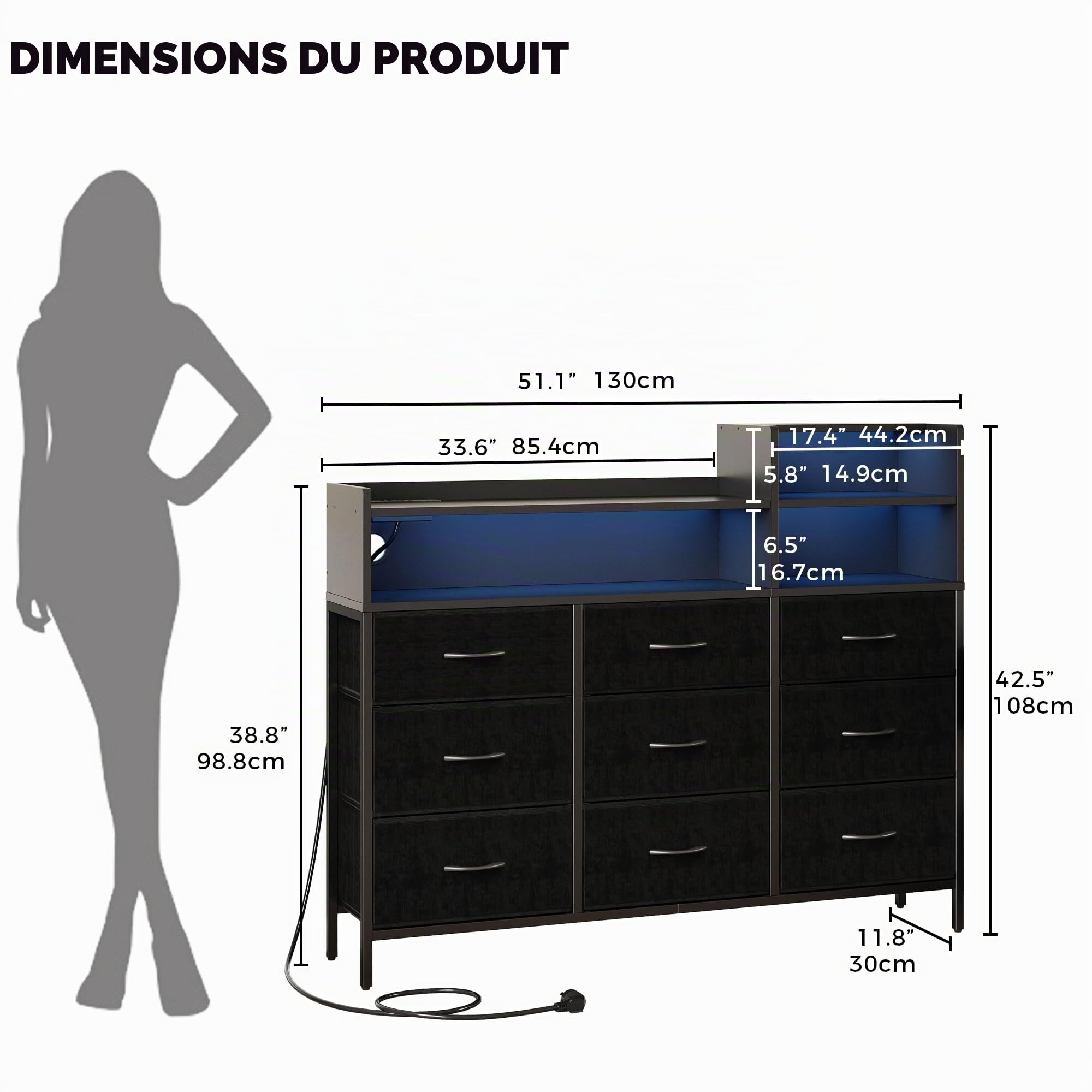 IRONCK Commode de Rangement Moderne avec lumière LED et Station de Charge, 9 tiroirs en Tissu et 3 étagères Ouvertes en Bois, pour Chambre à Coucher, Salon, Couloir, Placard (Noir)