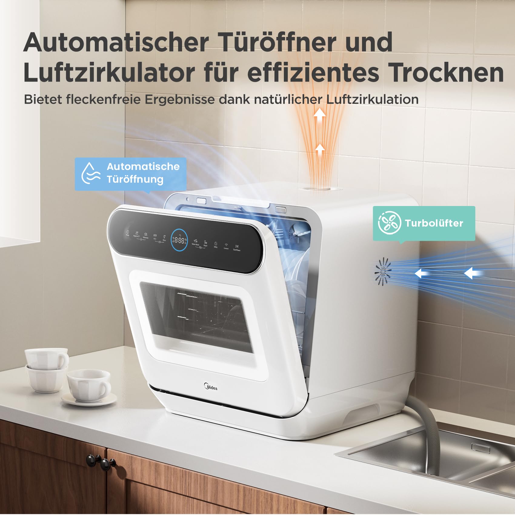 Midea Tischgeschirrspüler Mini 3 Gedecke IOT-Steuerung 6+1 Programme Touch Control