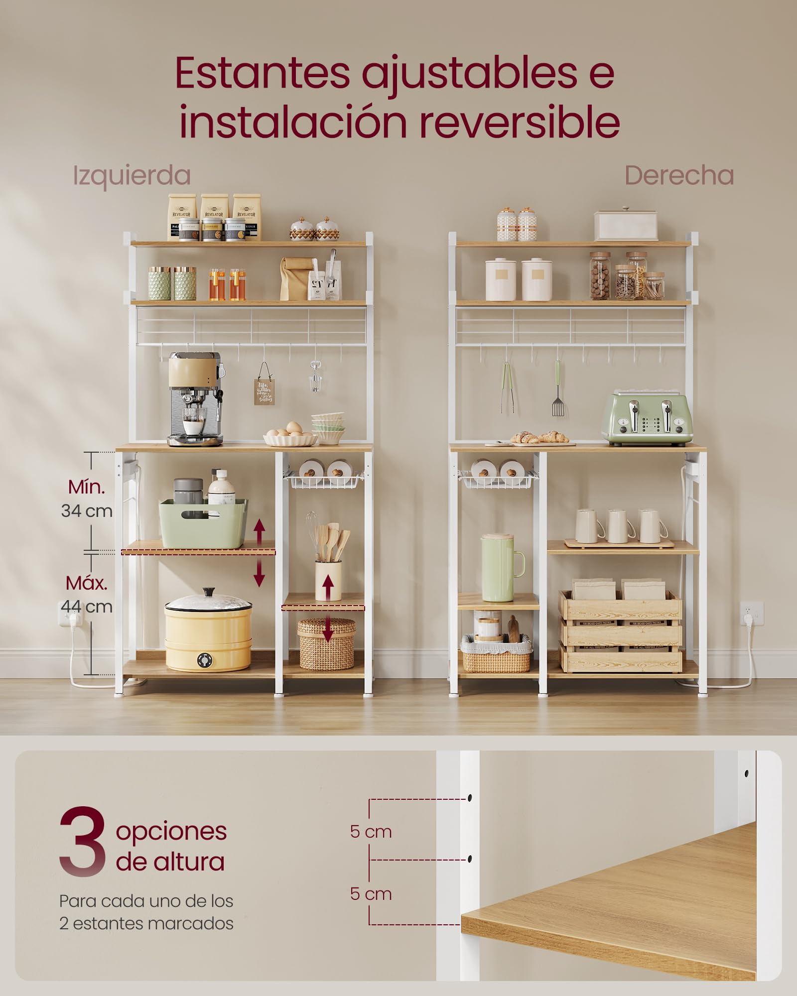 VASAGLE Estantería de Cocina con Enchufes, Estantería de Panadería, Barra de Café, 8 Ganchos en S, Cesta, Especiero, 40 x 90 x 165,5 cm, Roble Dorado y Blanco Nube KKS031Y19