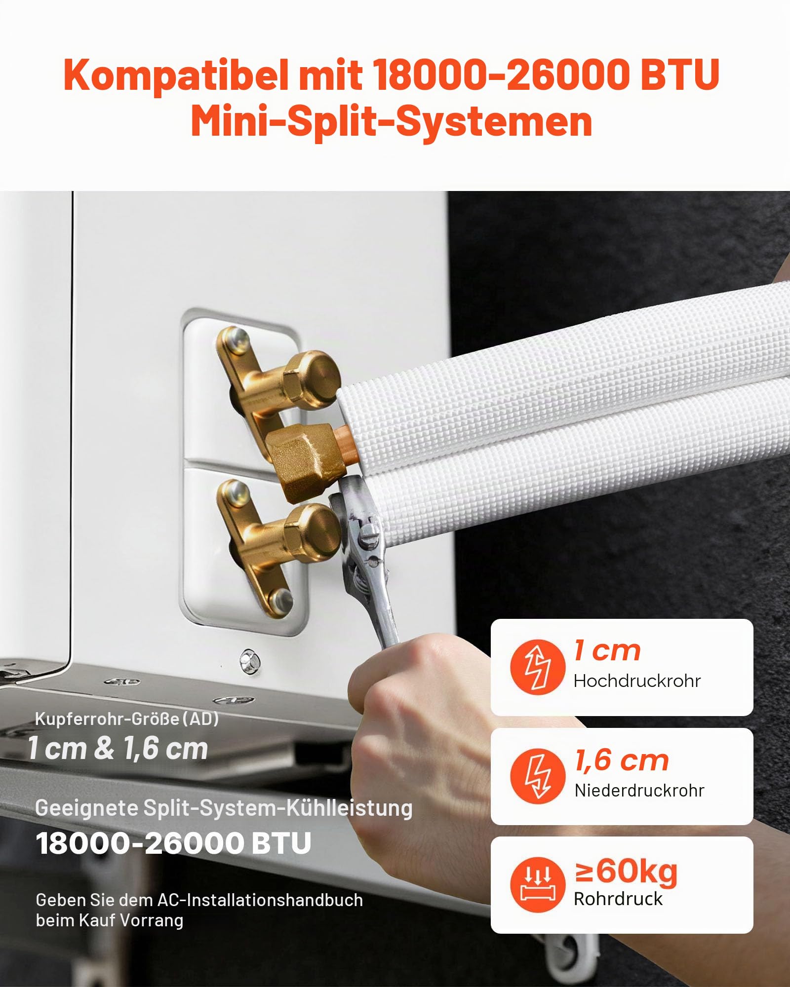 VEVOR Kältemittelleitung 15,24 m, Kupferleitung 9,5 & 15,9 mm Außendurchmesser, AC-Kupferrohr, PE-isolierte Spule mit Bördelmuttern, für Mini-Split-Klimaanlage, HVAC oder Wärmepumpensystem