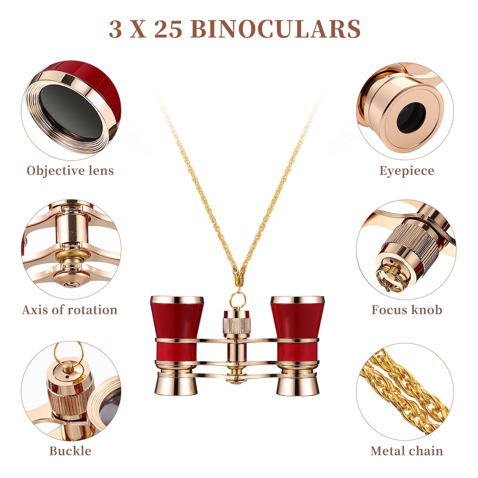 ULTECHNOVO Gafas de ópera, binoculares de 3 x 25 ini, compactos, ligeros, anteojos de teatro, compactos y ligeros con cadena, para adultos y mujeres en concierto, teatro ópera (rojo)