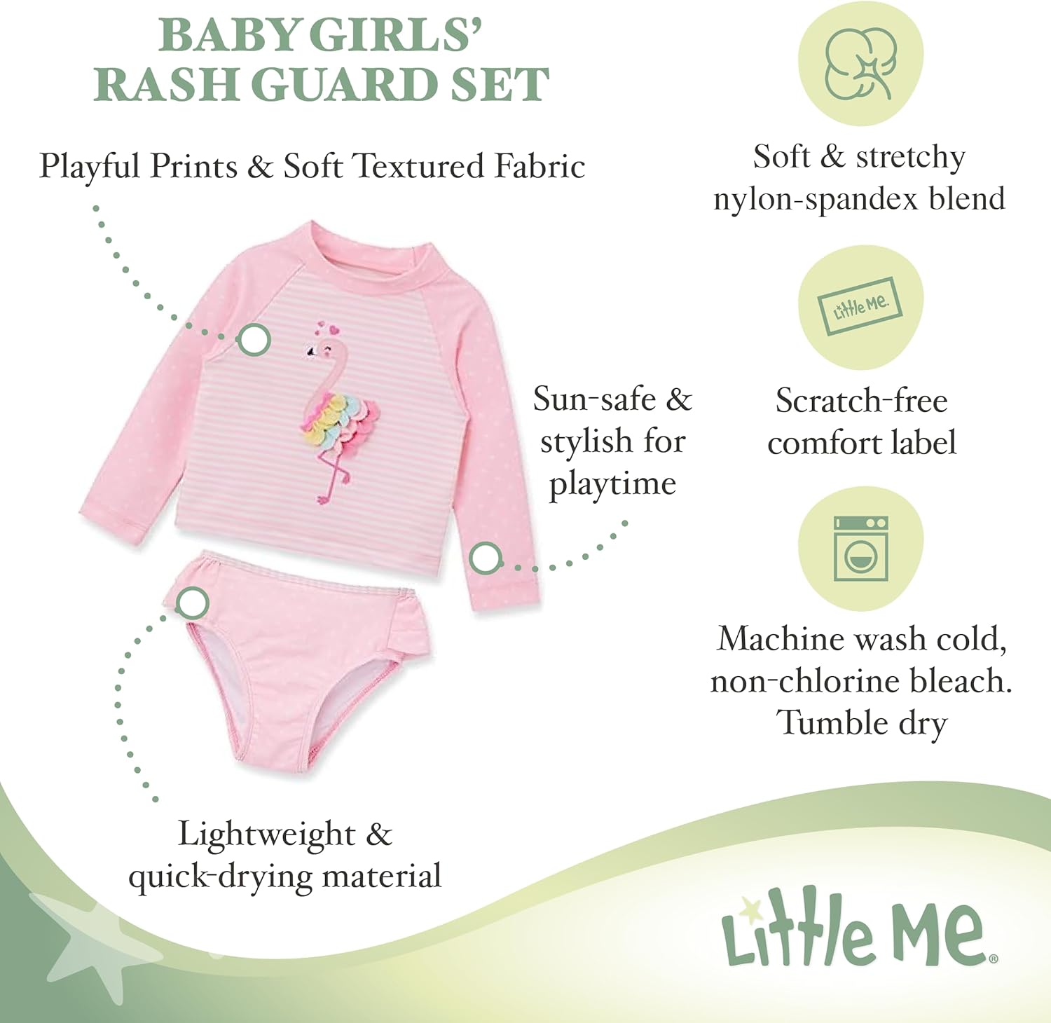 Little Me Baby Girls Little Girls' Two-Piece UPF+ 50 Sun Protection Rash Guard Set - Image 5