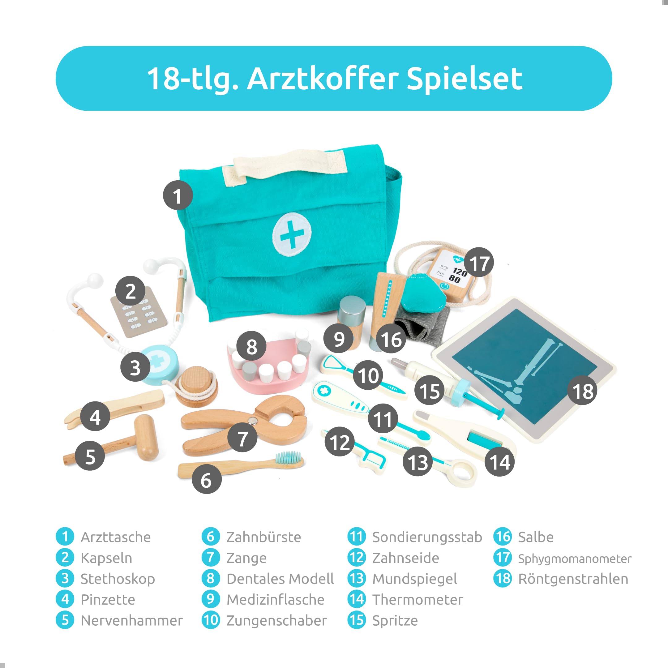 UMU® Houten speelset voor kinderen, met microscoop, reageerbuisjes en nog veel meer, doktersspeelgoed voor rollenspel, 29-delige set voor meisjes en jongens van 3, 4 en 5 jaar oud