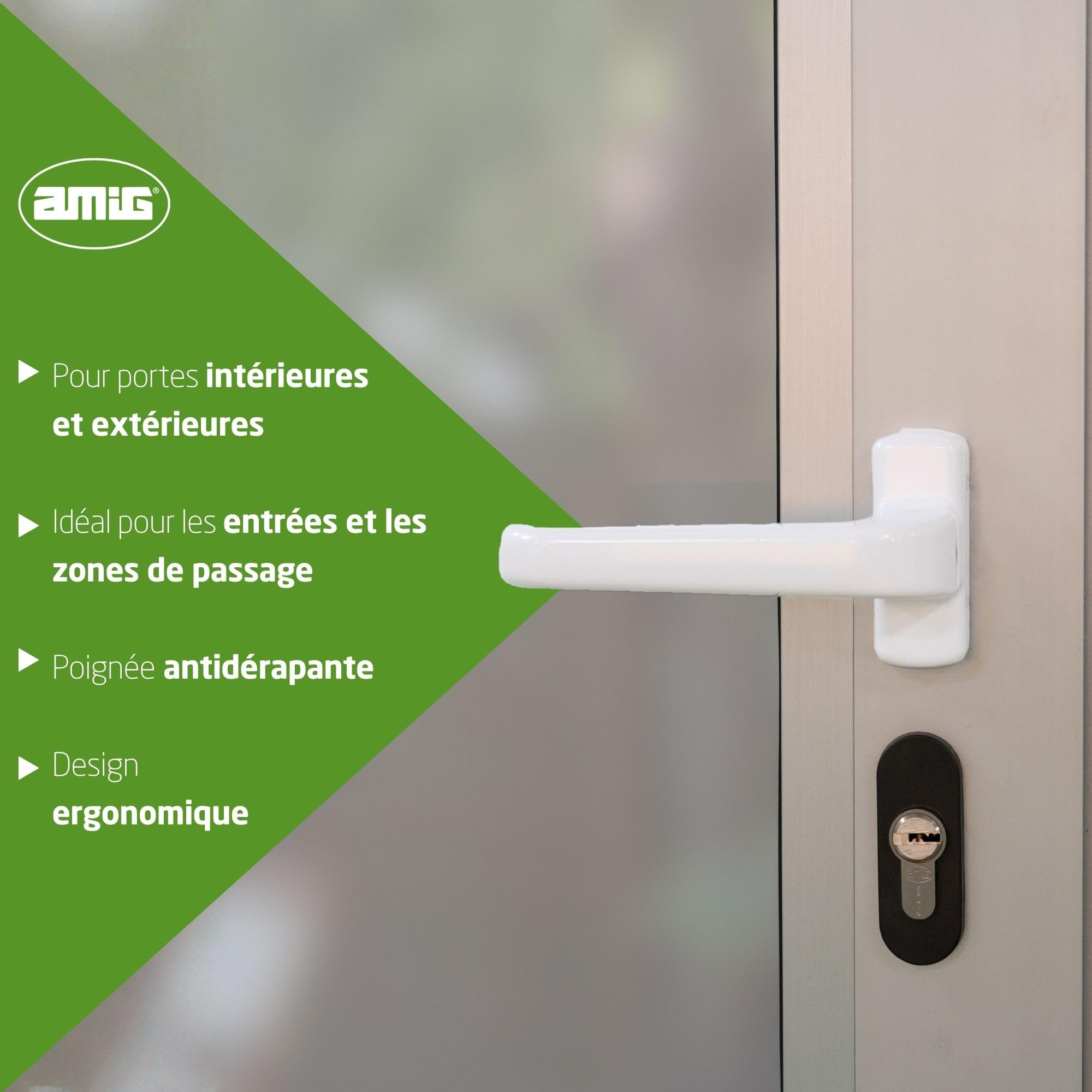 Amig - Jeu de Poignées de Porte avec Rosace - Modèle Epsilon - 132 x 70 mm - Carré de 8 mm - Blanc - Aluminium - Design Élégant et Simple