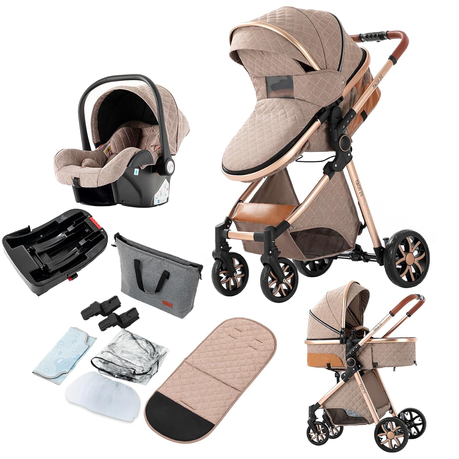 3 in 1 Baby Travel System, Reversible Baby Stroller, Pushchair Luxury Baby High Landscape Pram, Portable Standard Pram Buggy, Foldable Baby Carriage for Newborn Toddler (UDV9-KHAKI with Base)