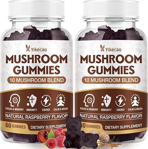 Paquete de 2 gomitas de hongos para adultos, suplemento de 10 mezclas de hongos con melena de león, cordyceps, reishi, chaga y cola de pavo para