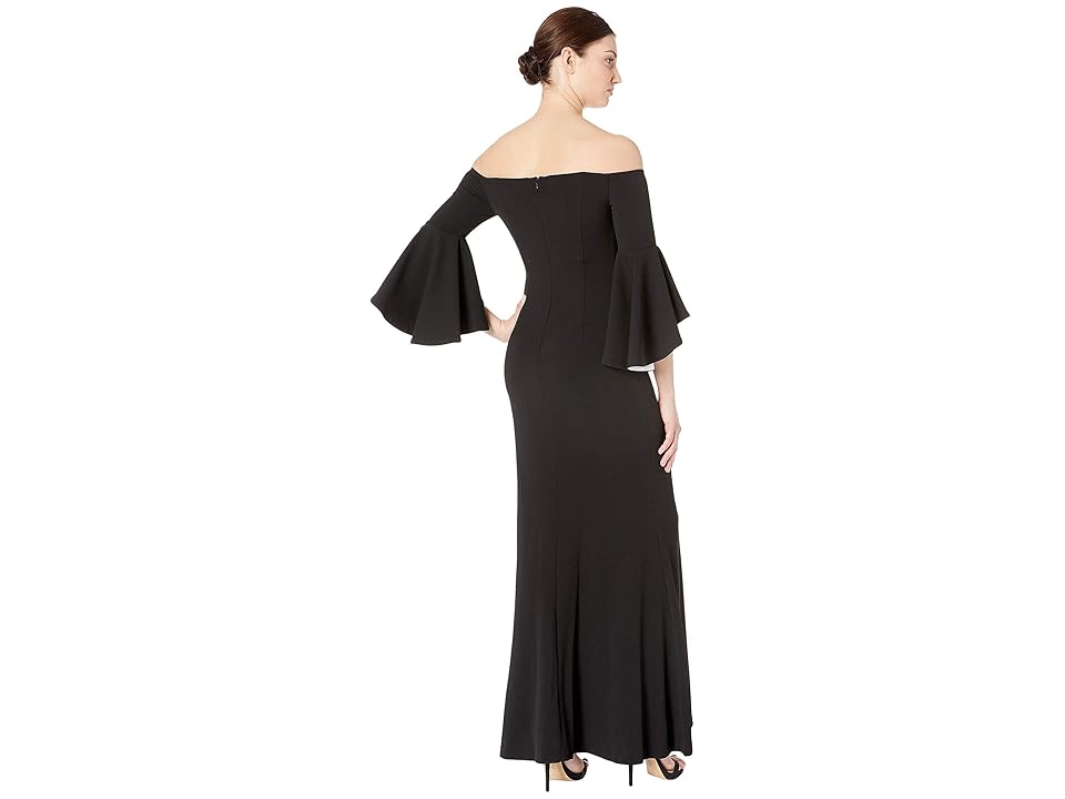 

Calvin Klein Off Shoulder Gown with Flutter Contrast Lining Sleeve (Black/Cream) Women's Clothing