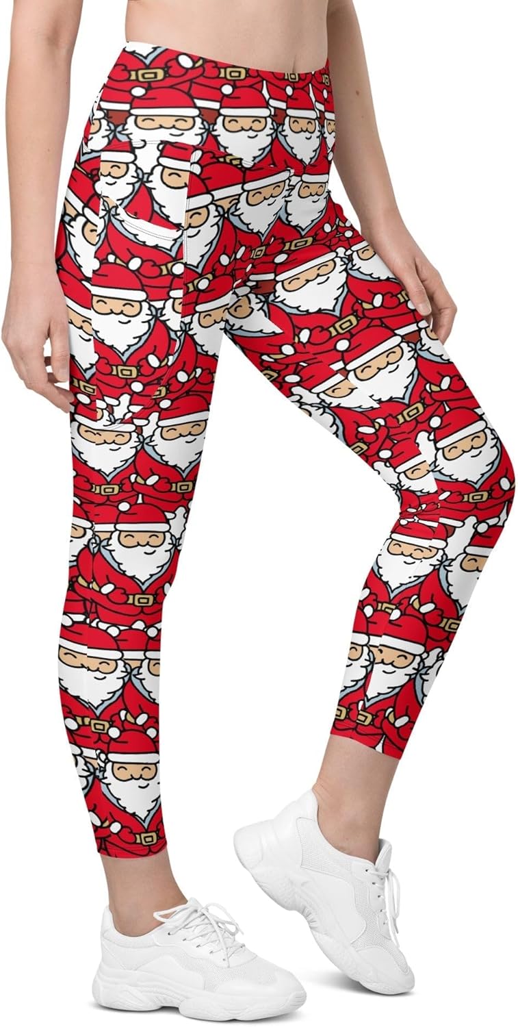 FIERCEPULSE Cartoon Santa Christmas Leggings with Pockets – High-Waisted Holiday Print Leggings for Women