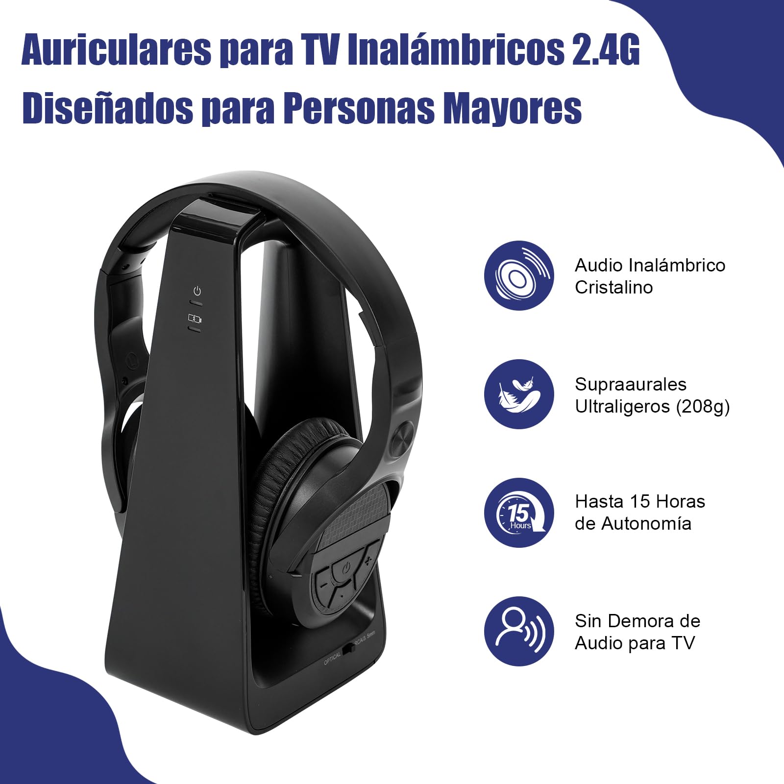 Auriculares Inalámbricos TV para Personas Mayores con Botones Grandes, Base Transmisora RF 2.4GHz (Salidas Óptica Digital/RCA/AUX), Bluetooth Over-Ear con 3 Modos EQ, Alcance 30m Sin Retardo de Audio