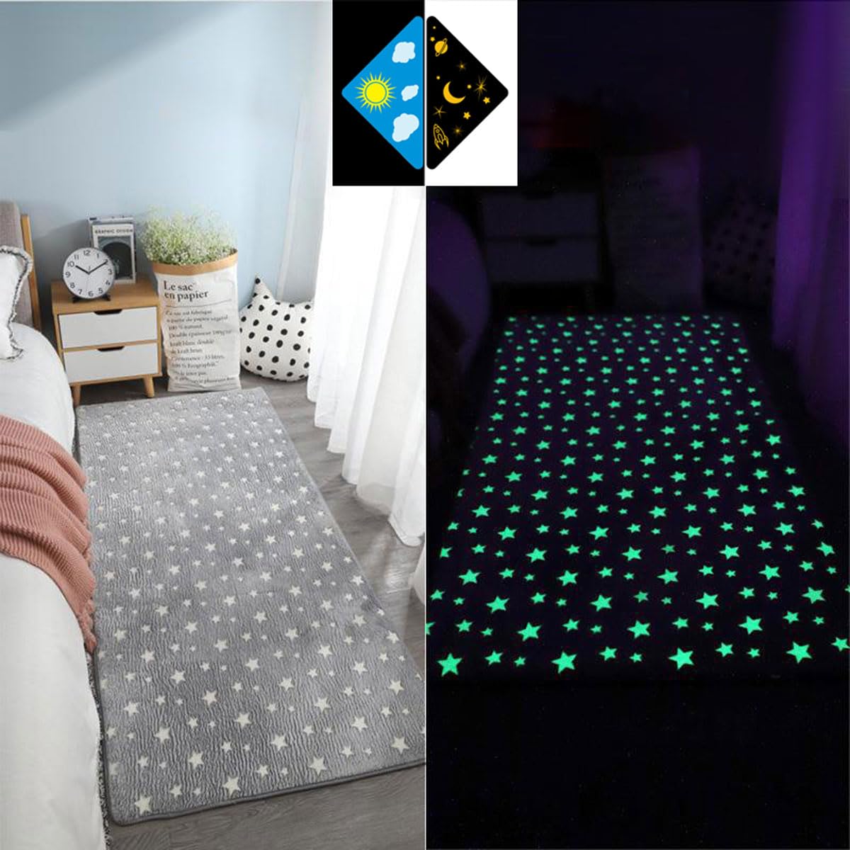 Single tree forest Glow-In-The-Dark Children'S Bedroom Bedside Carpet, Home Decoration Washable Play Rug, Crawling Mat-Gray Gypsophila-60 * 200cm
