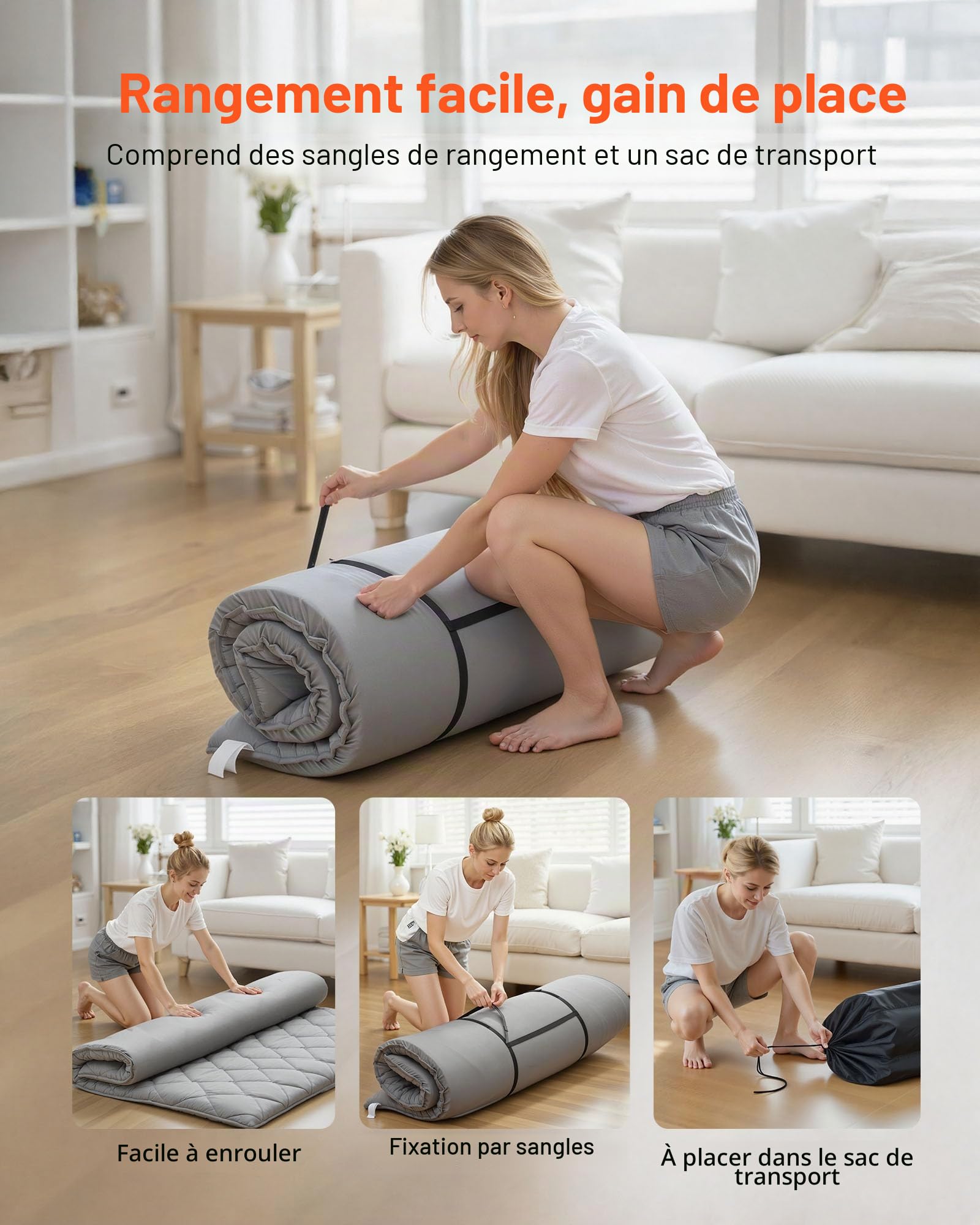 VEVOR Matelas Futon Taille Queen, Matelas de Sol Japonais Pliable, Tatami Doux pour Dormir Yoga Méditation et Relaxation, 203,2x152,4x8,9 cm, 9 Couches, avec Sac de Rangement et Attaches, Gris