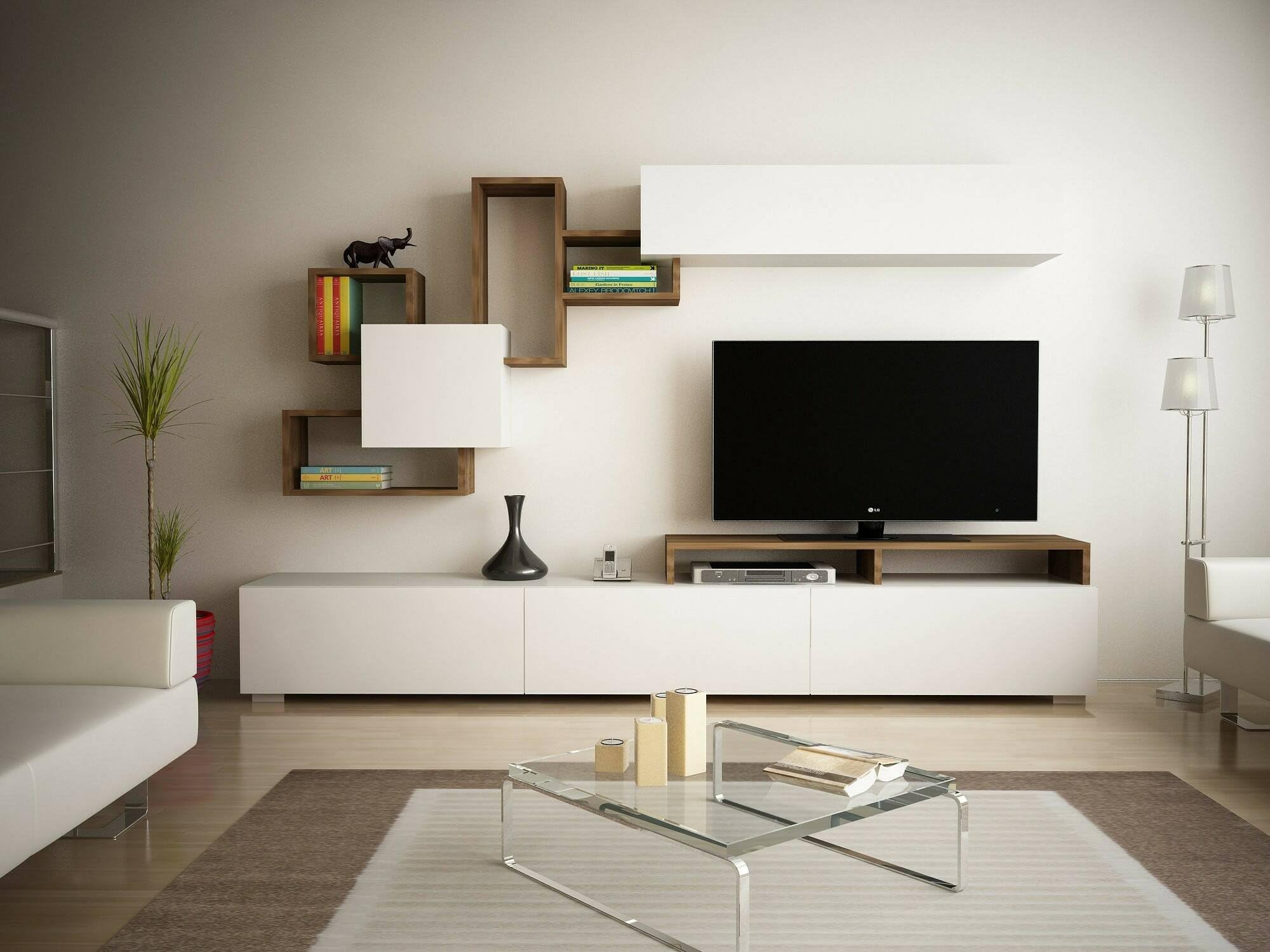 Dmora - Parete attrezzata Thalassa, Composizione soggiorno, Mobile salotto multiuso, Armadio porta TV, 210x37h47 cm, Bianco e Noce