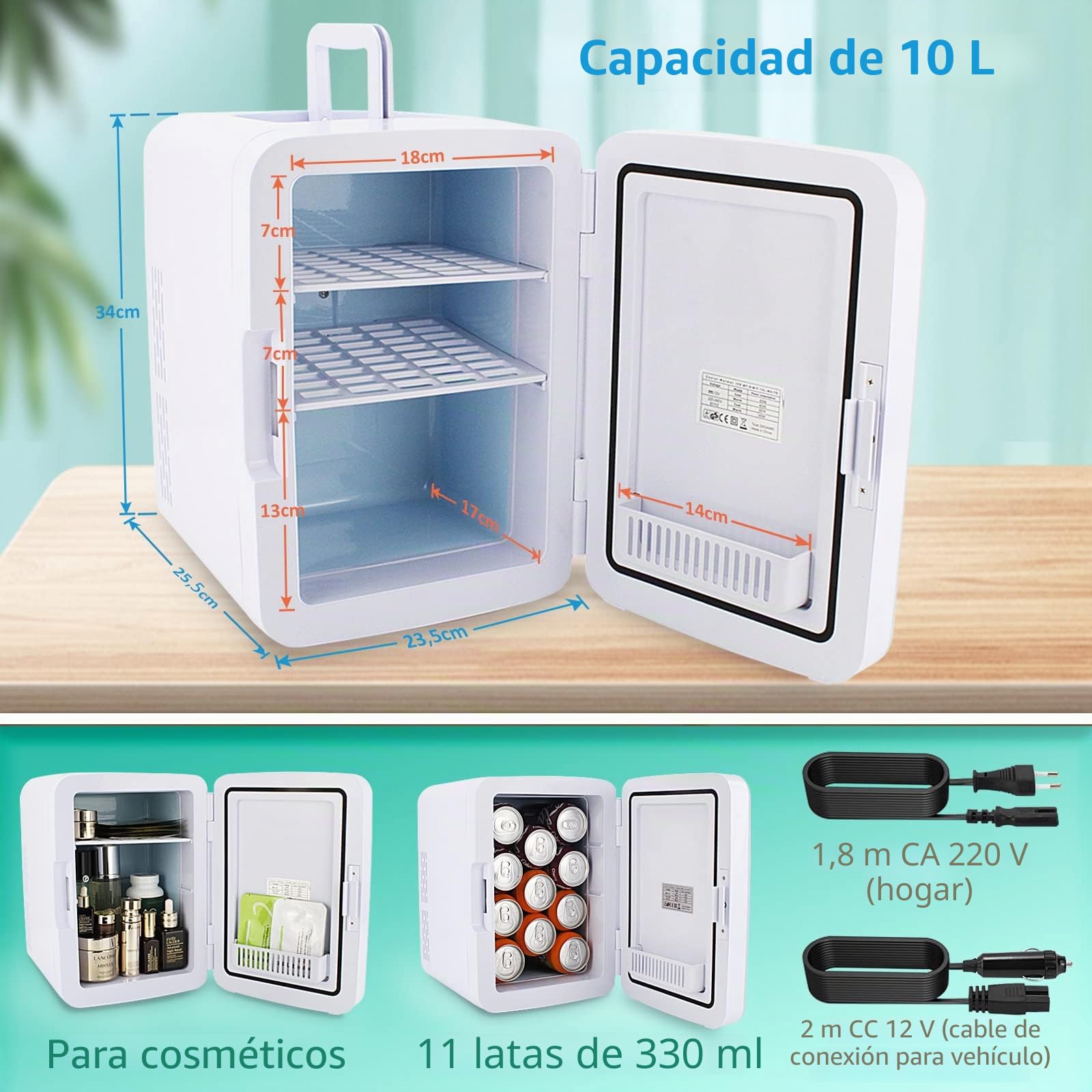 Mini Nevera de Mesa 2 en 1, 10 Litros, Refrigeración y Mantenimiento del Calor, Silenciosa, 220 V CA / 12 V CC, para Coche, Oficina y Camping