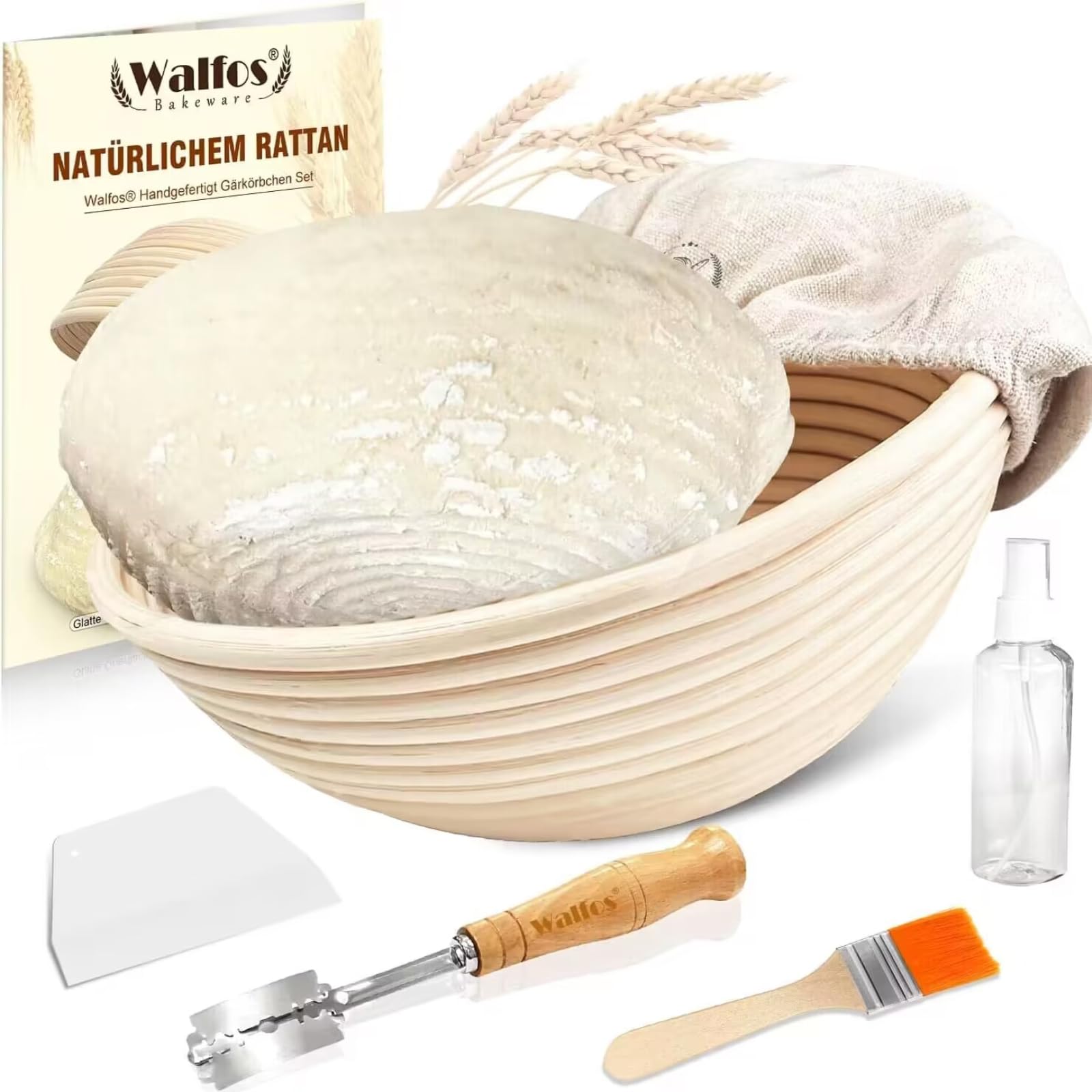 Panier De Fermentation Ovale 35 Cm Walfos – Rotin Naturel Premium + Kit Complet : Couteau, Spatule, Vaporisateur, Housse Lin – Pain Maison Parfait