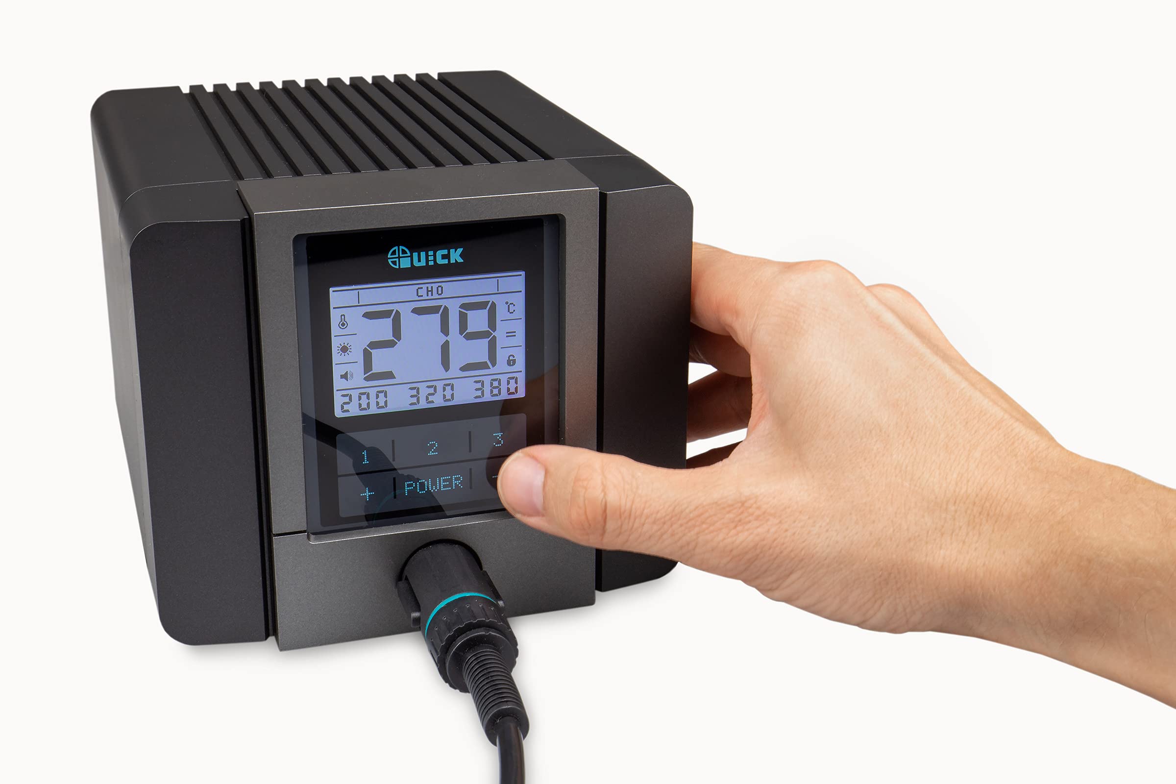 QUICK TS2200 ESD regolabile digitalmente, 90 Watt, con saldatore con elemento riscaldante ad alte prestazioni e accessori, stazione di saldatura SMD, per industria, laboratorio, scuola e hobby