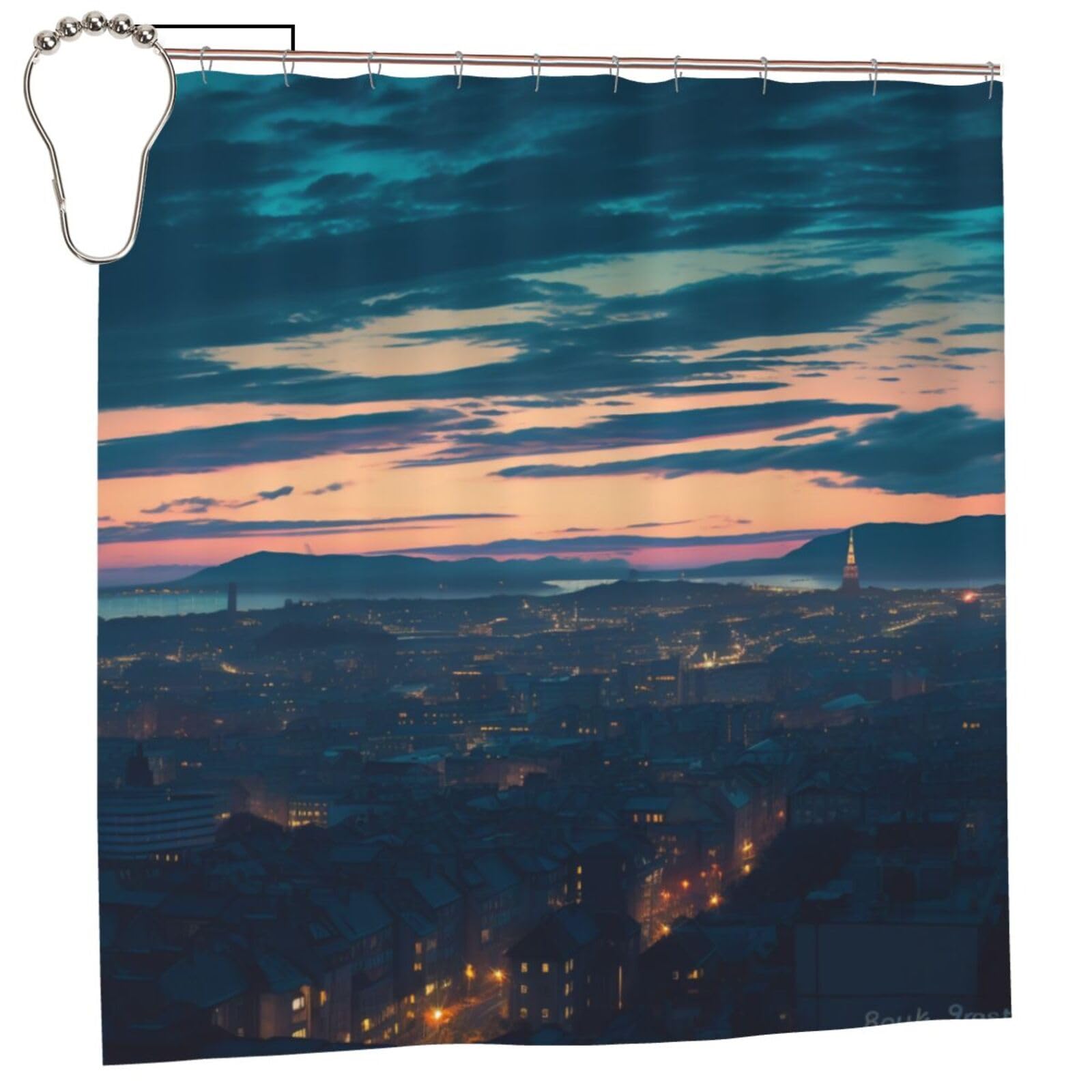 BWWHCCTI Cityscape Dusk Printed Shower Curtain With 12 Iron Hooks Opaque Quick Drying Waterproof Shower Curtains Sets For Bathroom 183x183 CM