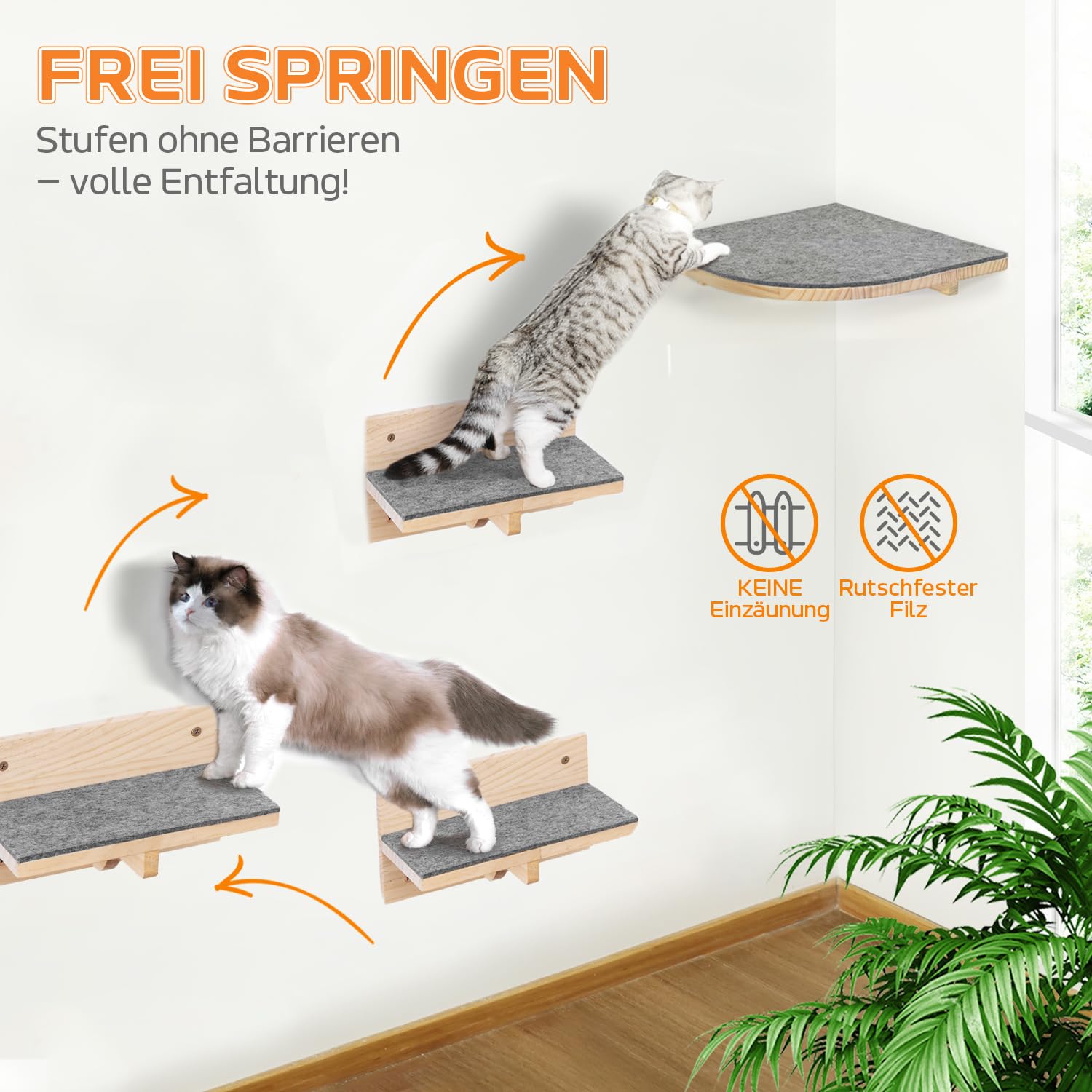 Pawtasy Kletterwand Katzen Katzentreppe Wand 4er-Set Katzen Kletterwand Set Stabiler Katzenwand Naturholz Katzenleiter Katzenwandparkour tragfähig bis 35 kg